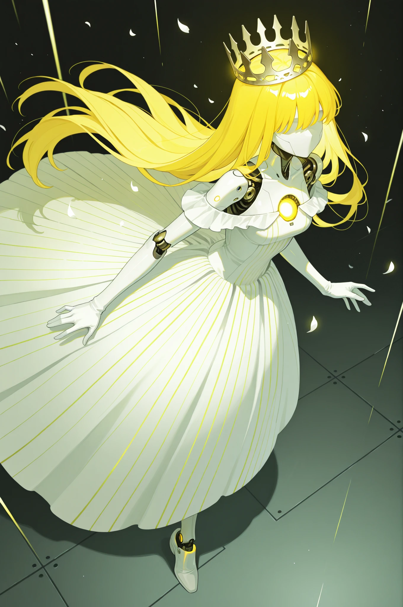 (best quality, masterpiece), 1 girl, yellow diamonds mineral, beautiful full body concept art, simple dark background, looking at viewer, gold long hair, mineral, (straight long legs:1.4), a skirt that covers the thighs, sleek glass thickness, , cinematic lighting, rendering, 4K, --niji 5