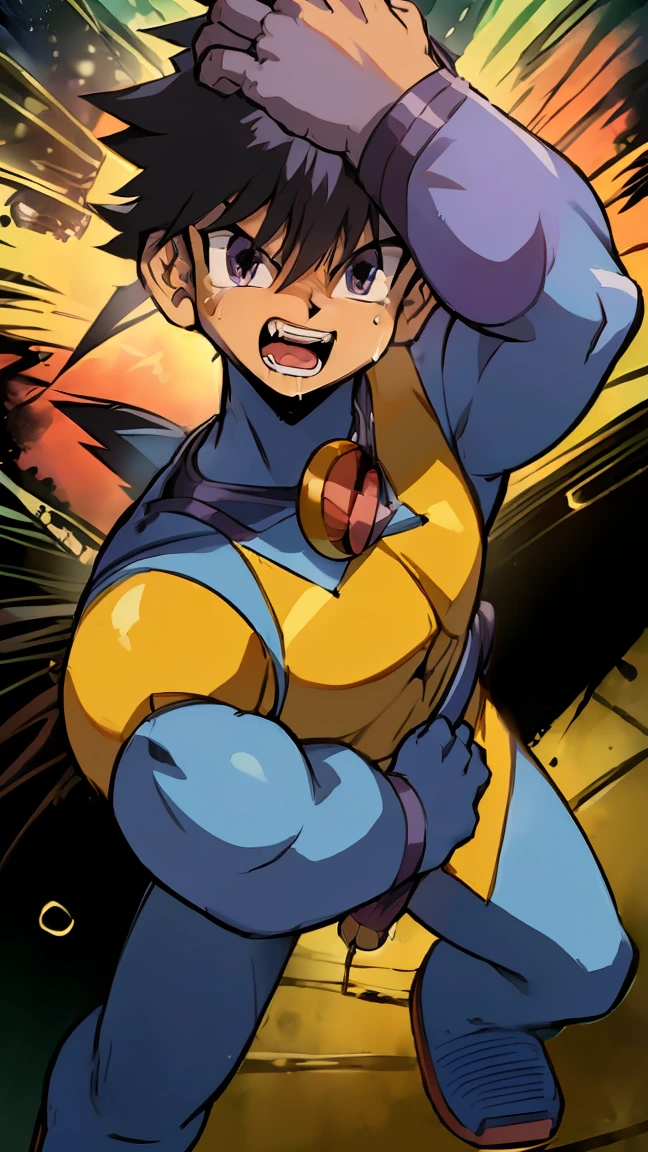 , ,Open your mouth wide,Drooling,Sweaty,bodybuilder,Six Pack,Big muscles,（Huge  :1.8）,（Six Pack:1.6）,Painful expression,13-year-old boy,Hero Suit,Devilish Wings,