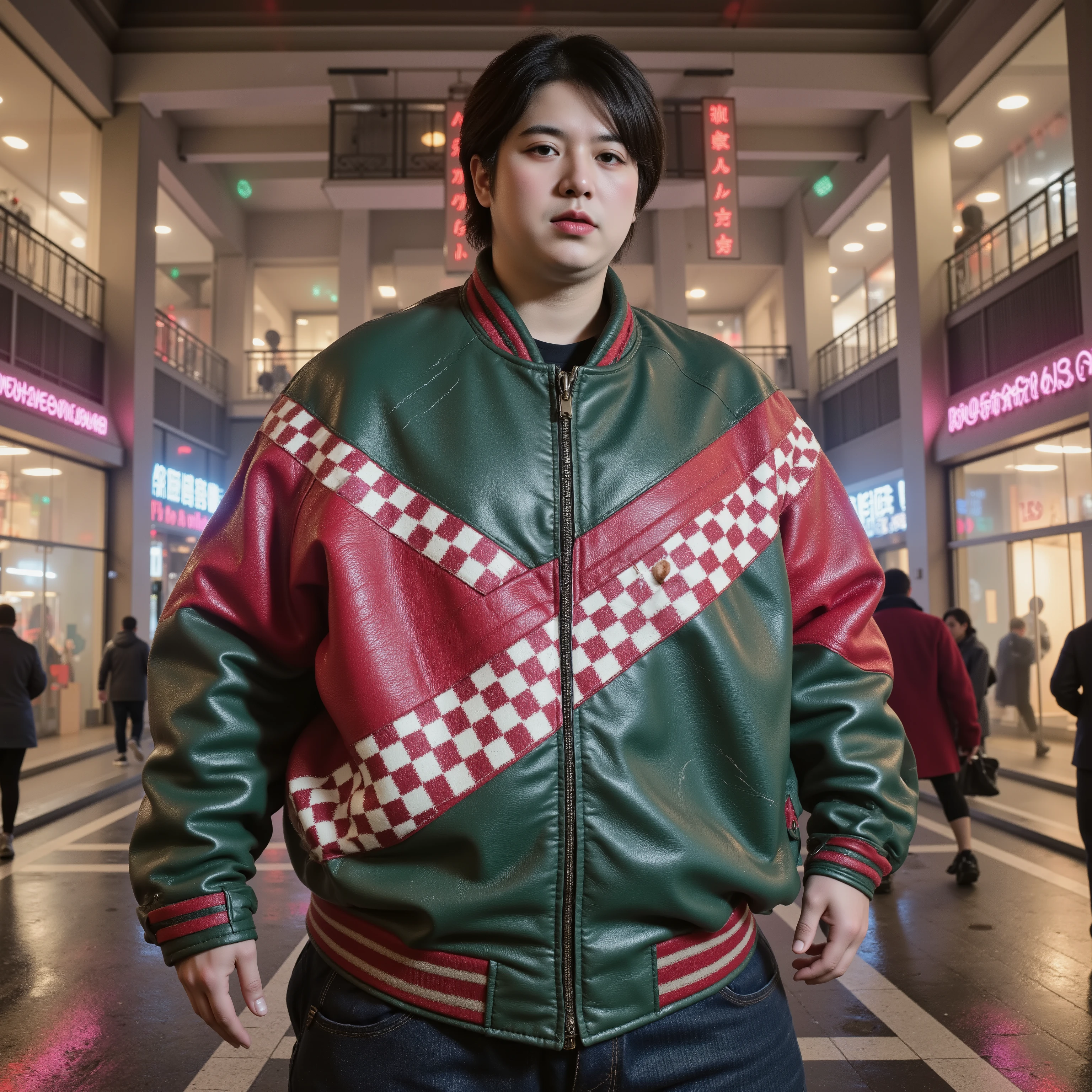 a fat 400 pound massively obese asian man with full-gigured body wearing a bredwhtredcheckercrjkt heavy leather jacket that is red and green with a white and pink checkered stripe across the chest diagonally, the man is at the side of a large mall building with neon signs on the outside, cyberpunknoirlora,