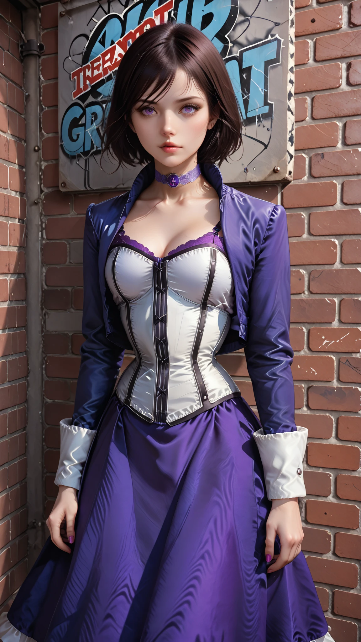 elizabethshadow, purple jacket,choker,corset,cropped jacket, purple dress, , brick wall with graffiti  at background 