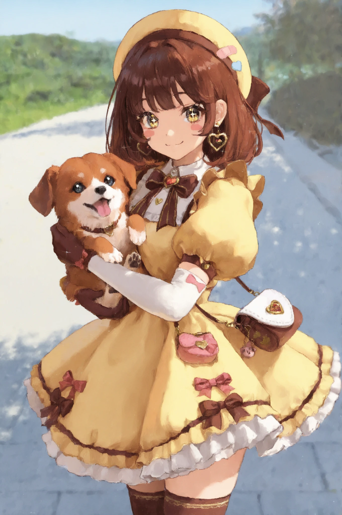 1 girl, sparkling eyes, looking at viewer, depth of field, outdoor, day, smile, bangs brown hair hair, ribbon dress, thighhighs gloves hat, bow, yellow eyes long puffy sleeves, heart earring, bandaid, stickers, cute purse, puppy, outdoors