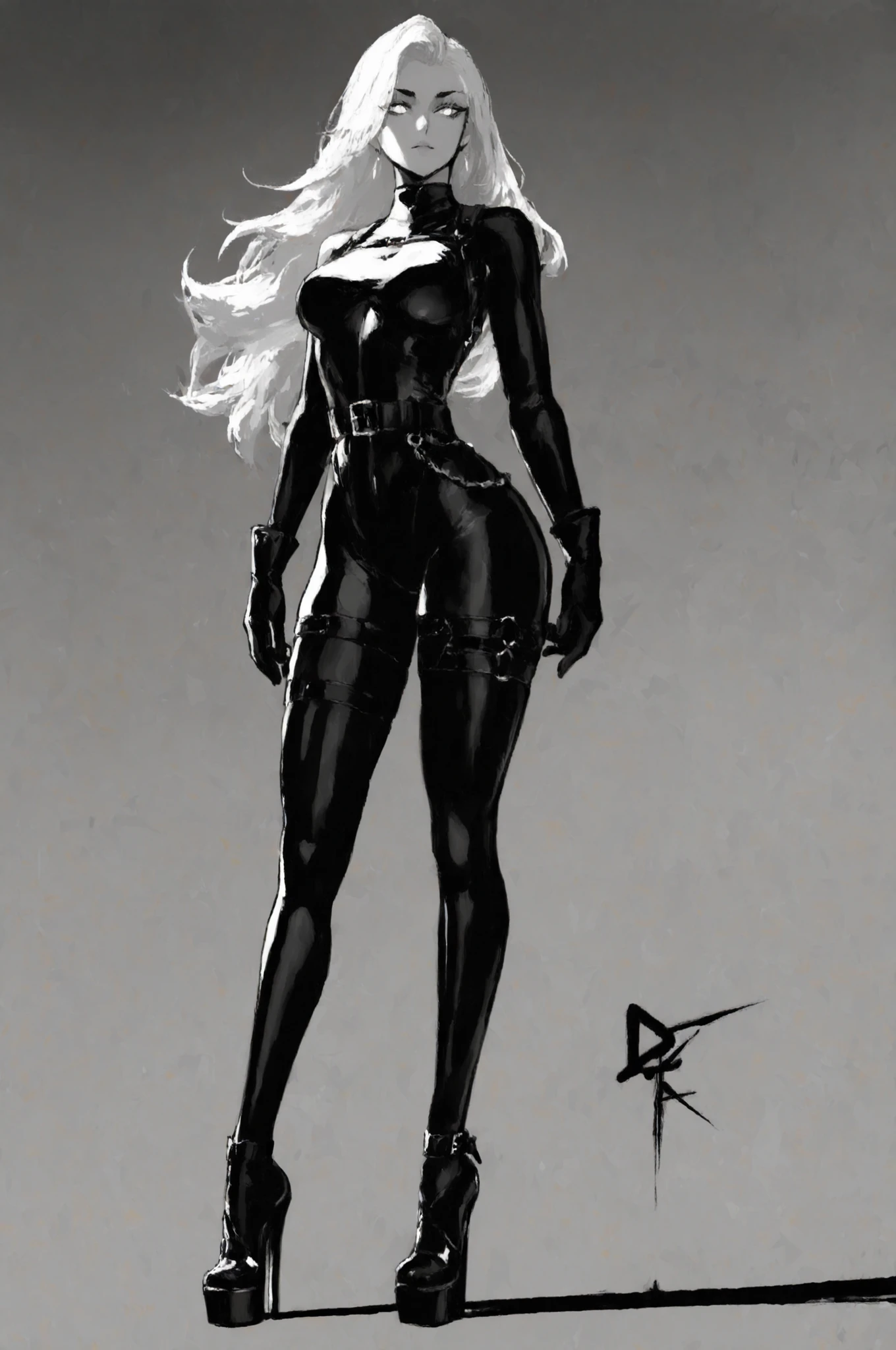 1girl, white hair, hime-style, white eyes, black and white illustration, lineart focus, monochrome ink style, high contrast shadows, black bodysuit, leather belt, leather thigh strap, black gloves, black high heels, platform heels
