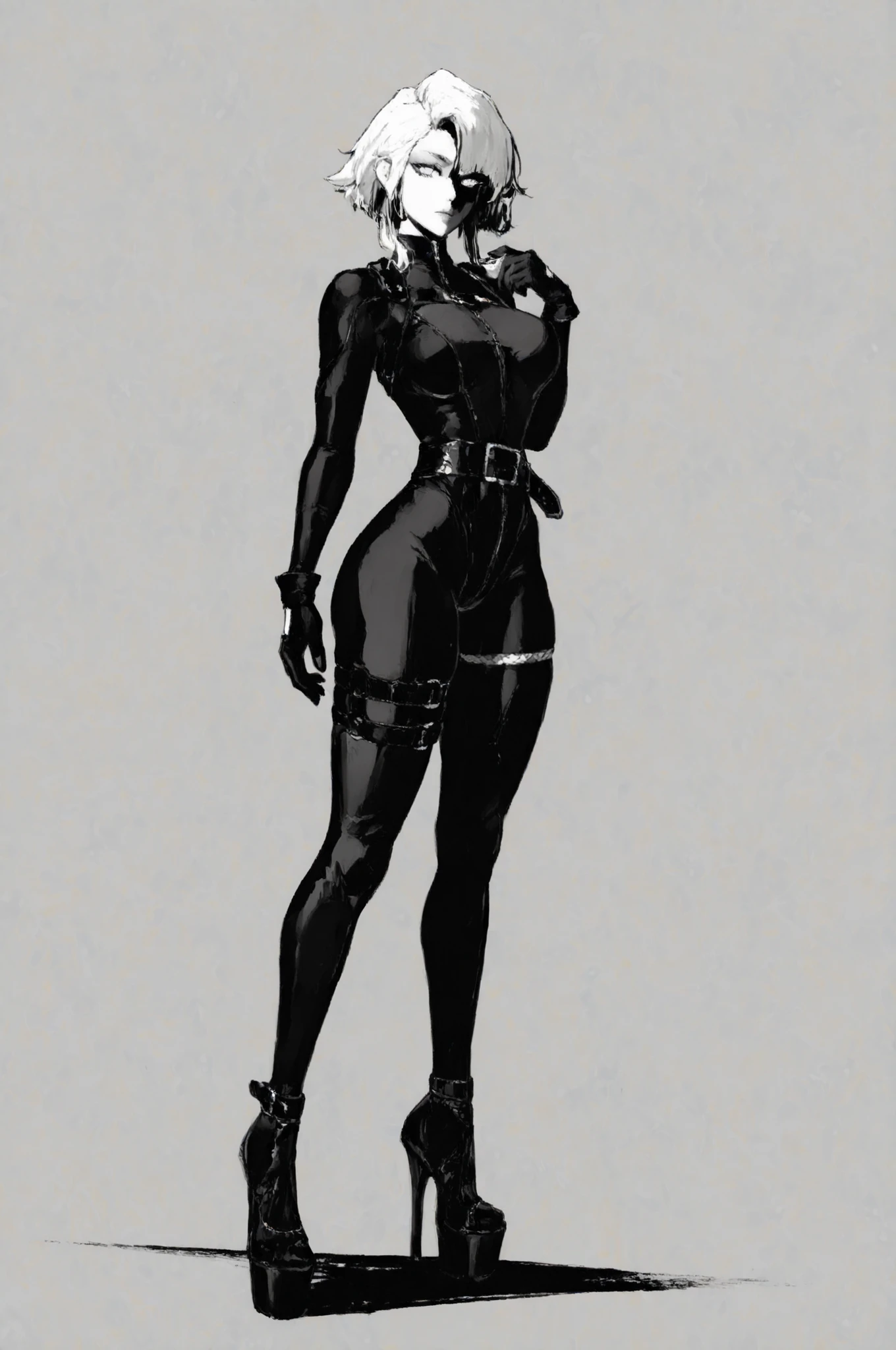 1girl, white hair, hime-style, white eyes, black and white illustration, lineart focus, monochrome ink style, high contrast shadows, black bodysuit, leather belt, leather thigh strap, black gloves, black high heels, platform heels