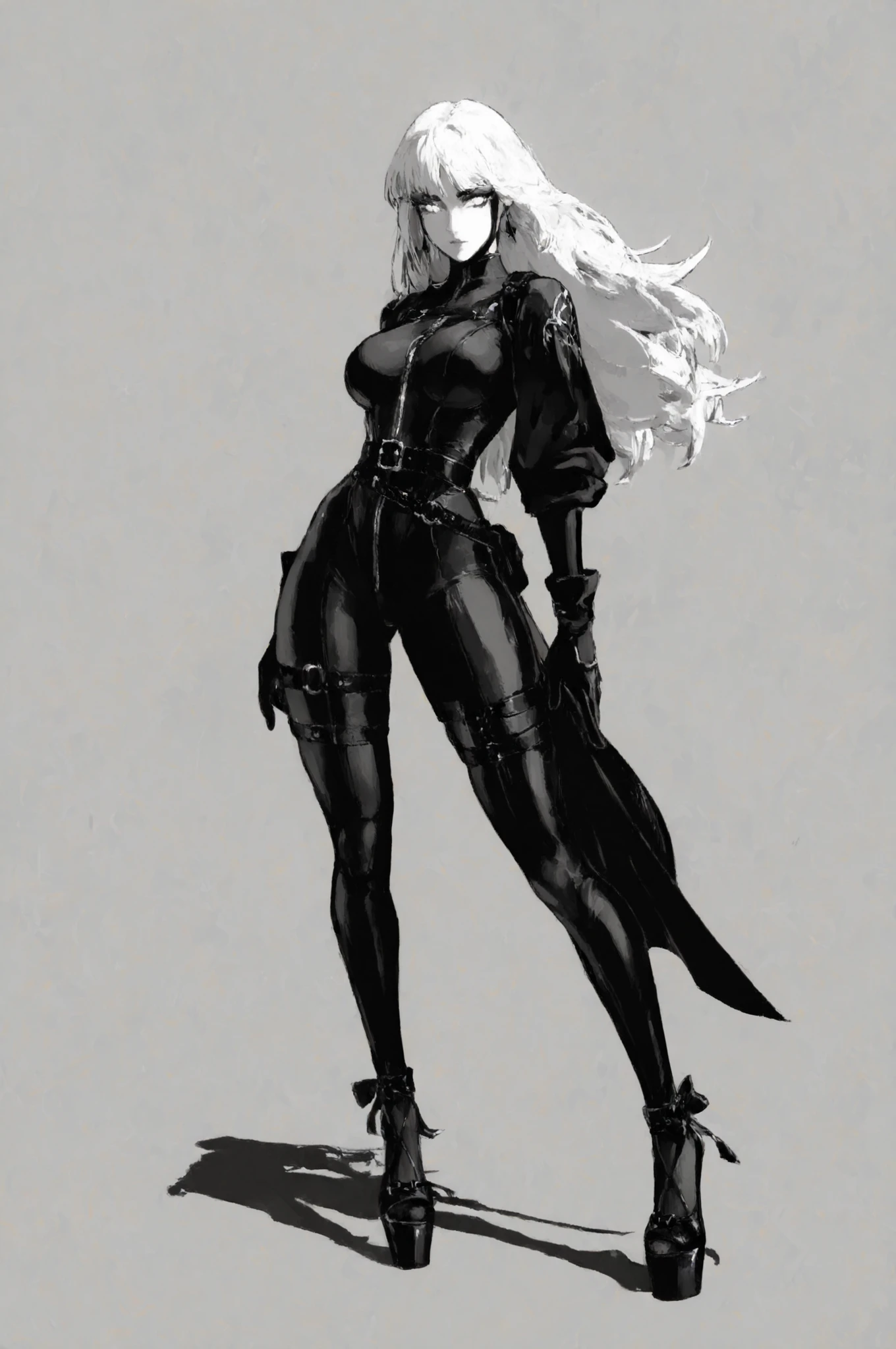 1girl, white hair, hime-style, white eyes, black and white illustration, lineart focus, monochrome ink style, high contrast shadows, black bodysuit, leather belt, leather thigh strap, black gloves, black high heels, platform heels