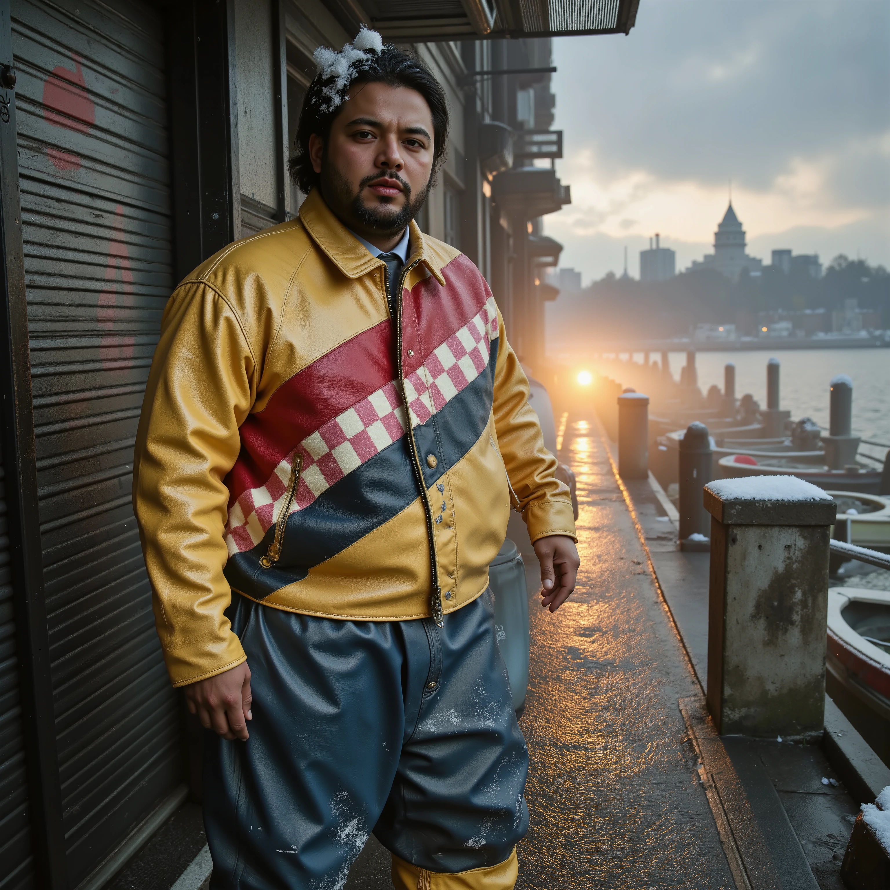 ,an immensely obese 58 year old black man wearing a shiny gold and yellow bredwhtredcheckercrjkt leather jacket with a heavy red and pink checkered stripe diagonal across the chest, the man wears blue polished leather pants, the man is in a dimly lit alley at sunrise, it is snowing sn211, the man is standing near a harbor of small boats, the water of the large lake is foggy, in the distance a small island with a futuristic office compound is seen, the man has yellow boots, cyberpunknoirlora