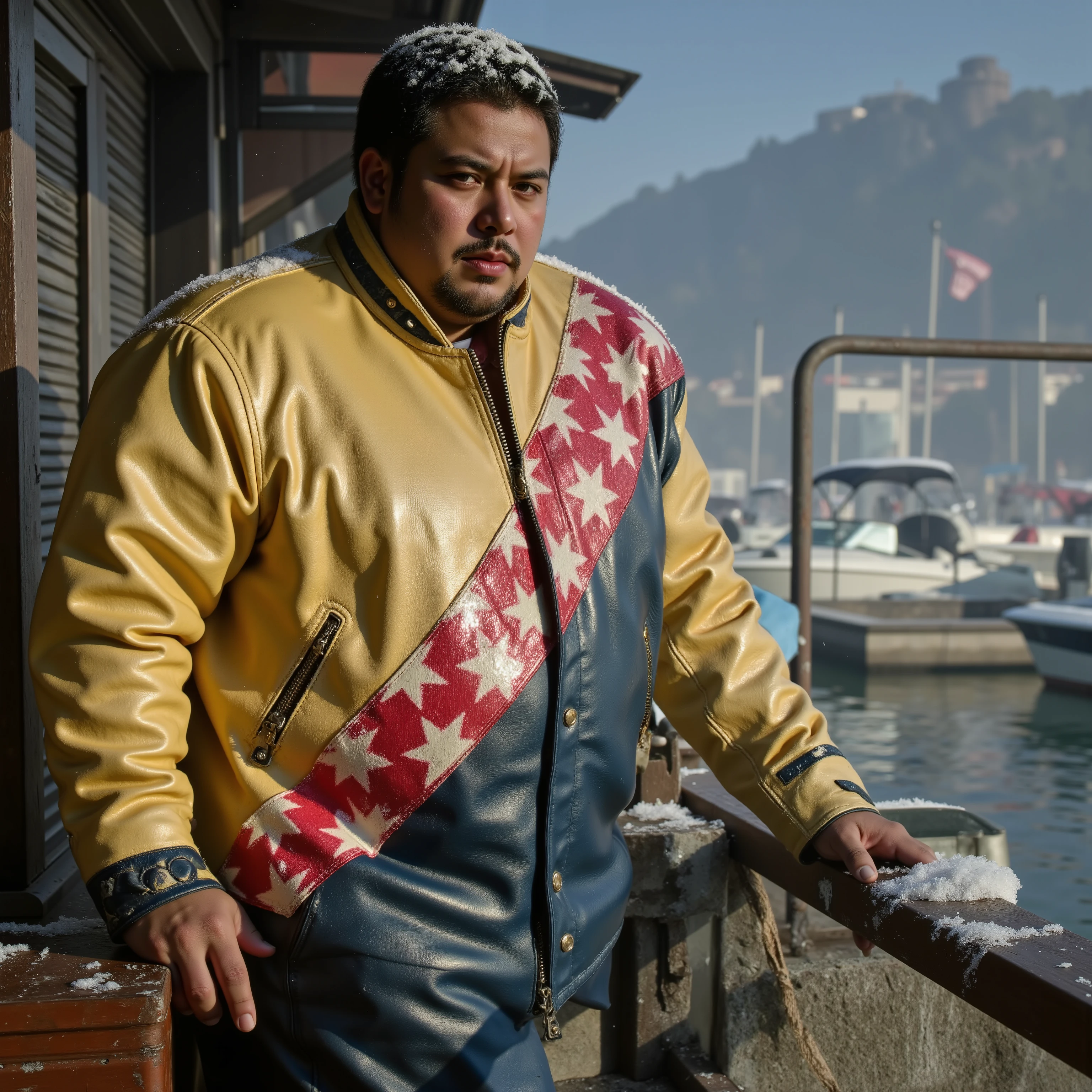 ,an immensely obese 58 year old black man wearing a shiny gold and yellow bredwhtredcheckercrjkt leather jacket with a heavy red and pink checkered stripe diagonal across the chest, the man wears blue polished leather pants, the man is in a dimly lit alley at sunrise, it is snowing sn211, the man is standing near a harbor of small boats, the water of the large lake is foggy, in the distance a small island with a futuristic office compound is seen, the man has yellow boots, cyberpunknoirlora