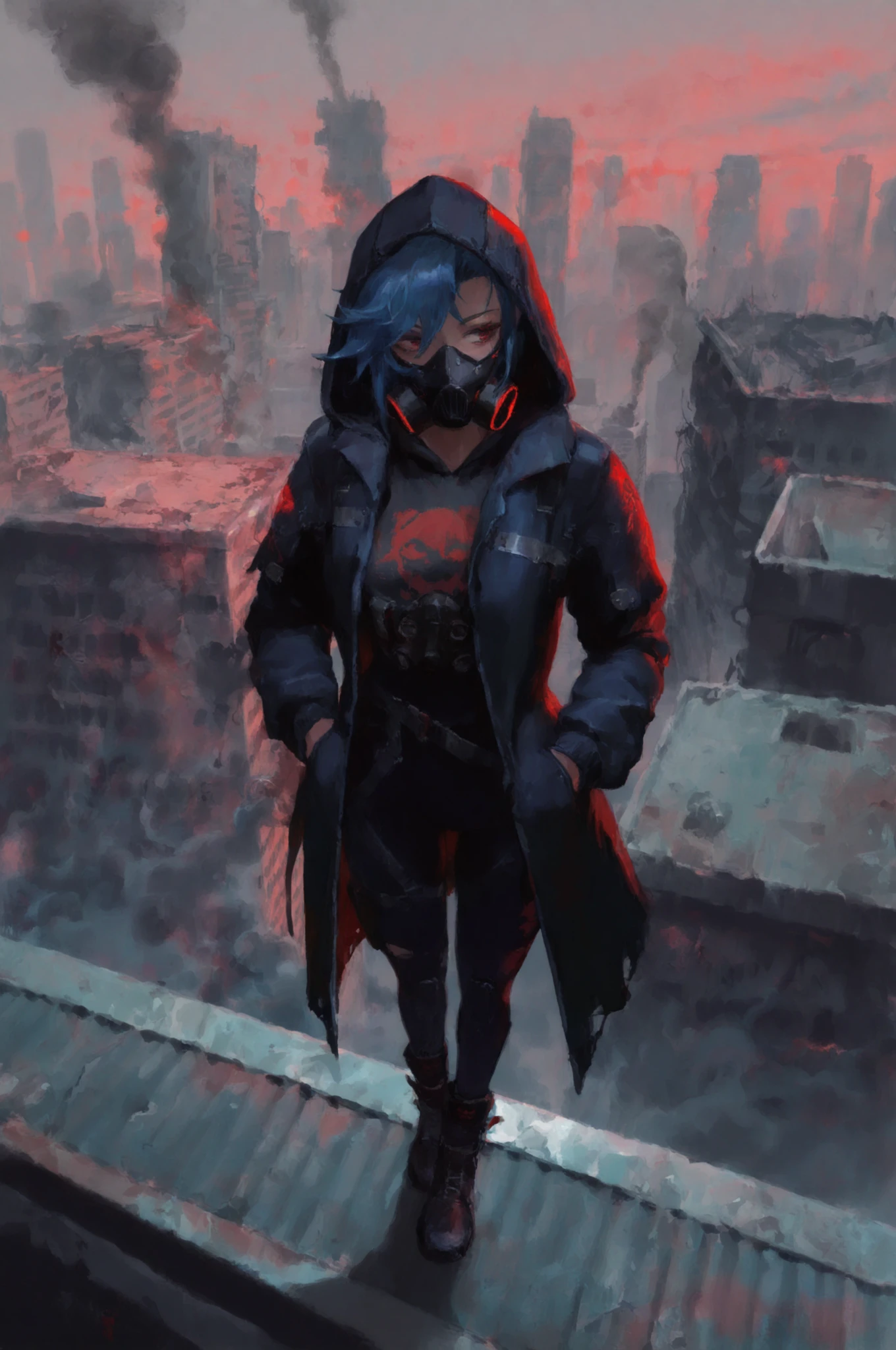 1girl, blue hair, red eyes, punk, hood up, hoodie, long sleeves, post-apocalypse, rooftop, posing, from above, gas mask smoke effect, cyberpunk techwear coat