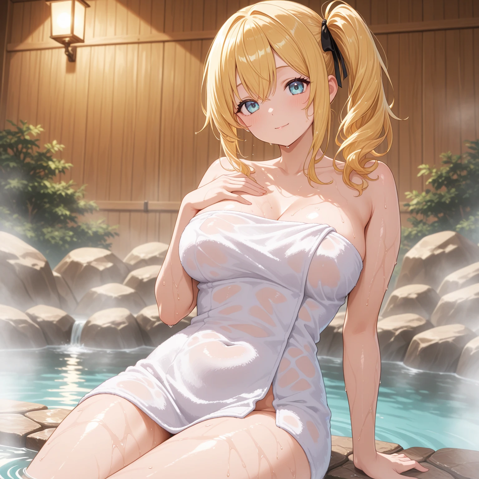 Altas Resoluciones, {saber_fenestaynightufotable:1.15}, rubio_cabello, Ahoge, verde_ojos, cinta, cabello_cinta, trenza, azul_cinta, corto_cabello, anime_colorante, Looking_en_espectador, cabello_entre_ojos, La mejor calidad, Obra maestra,phSaber, phAltoria, 1girl, solamente, Trenza francesa, resplandeciente, tenencia, Hair bun, Parte superior del cuerpo,saber, artoria, green eyes, house, bath, bathing, breasts, armpits, desnudo, nude