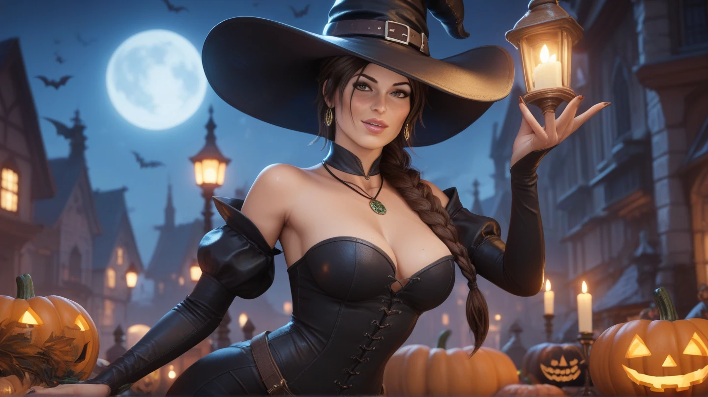 gwen tennyson,tracer,bulma,rebecca chambers,close up,castlevania,magic spells,magic stars,flying on a broom, 1girl,blue jumpsuit,moonlight,victorian steampunk skirt,pirate corset,jade neck jewelry,blue witch hat,short hair,cresent moon earrings,night gown,garter belt, pumpkin village,witch castle,gothic makeup,green eyes,orange hair,shy smile, freckles,redhead,beautiful girl, large breasts,ultra detailed,realistic, fantasy art,