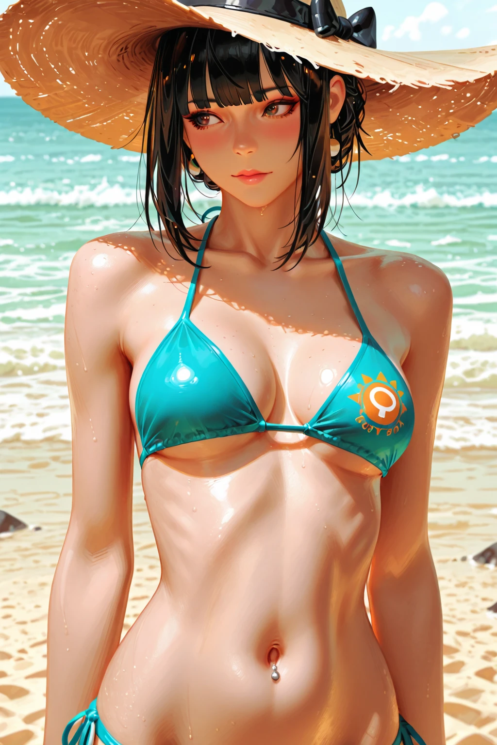 (best quality:1.3), (4k quality),(sharp image), Sarada, ((Detailed face)), ((masterpiece face)),((perfect detailed eyes)) (blush), Sarada, black hair,  black short  hair, red eyes, red lips, red lips, sly face, face with stern features, ((detailed face)), perfect face, highly detailed eyes, masterpiece, absurdres , (intricate details), (colorful),cinematic lighting,extremely detailed CG unity 8k wallpaper , 1girl, solo,mature female, erected tits, fit body, , (((gold Louis Vuitton , glasses)))(((Perfect Louis Vuitton Logo))), Maldives beach , naughty smile, (( small  breast)),((fit slim body)),  standing in  pose,  look on viewer