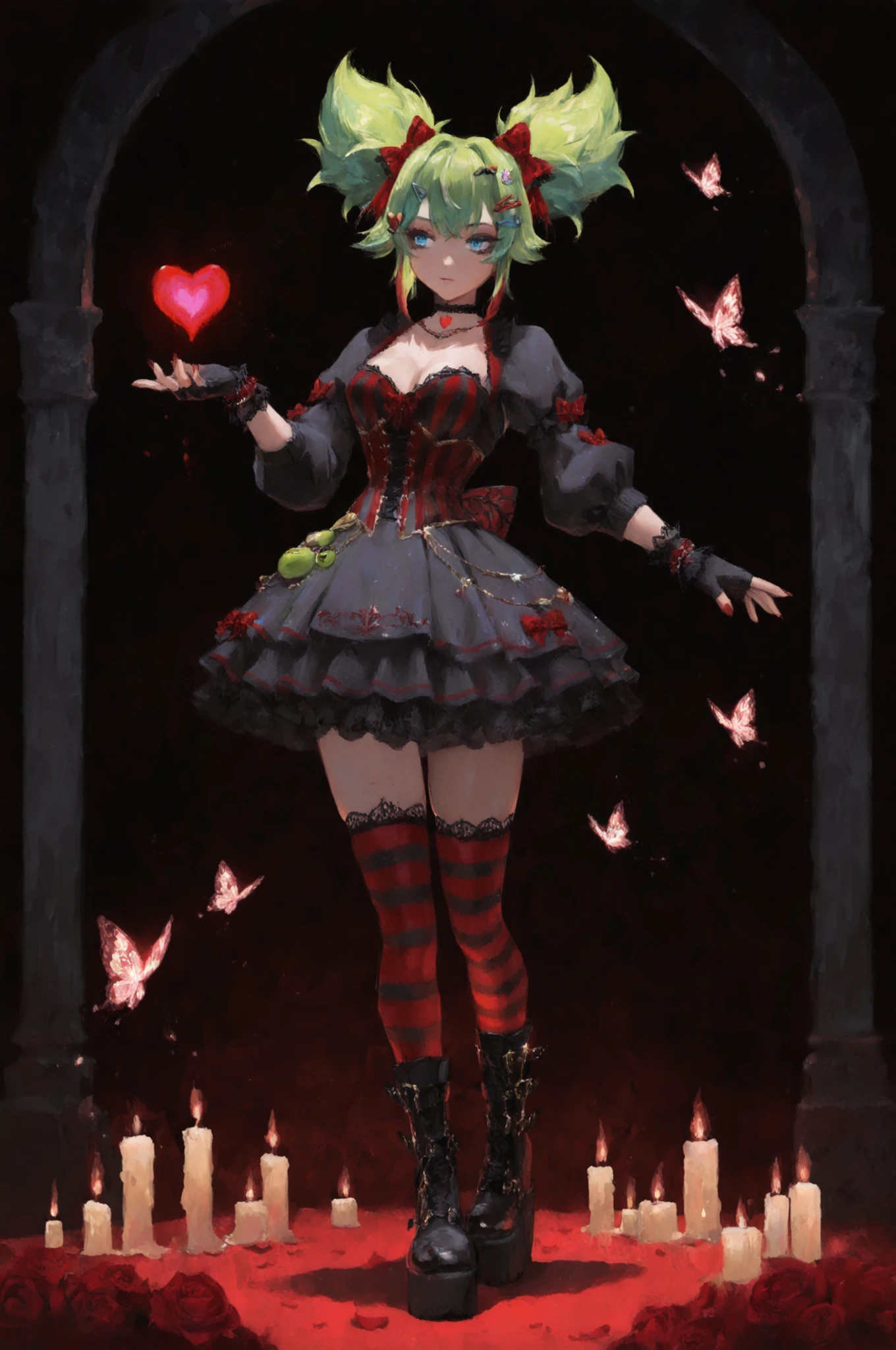 1girl, long, voluminous lime green hair styled in twin tails with red lace bows and spiked hair clips, striking blue eyes. red aristocratic style dress, corset bodice with gold detailing, puffed sleeves with lace cuffs, layered ruffled skirt with black lace trim, and a bat-shaped clip. red striped stockings, chunky platform boots with metal buckles and red roses, fingerless gloves, choker with a glowing red heart. The background features dark gothic arches, glowing candles, and floating red glitter butterflies, decora, glitter, iridescent