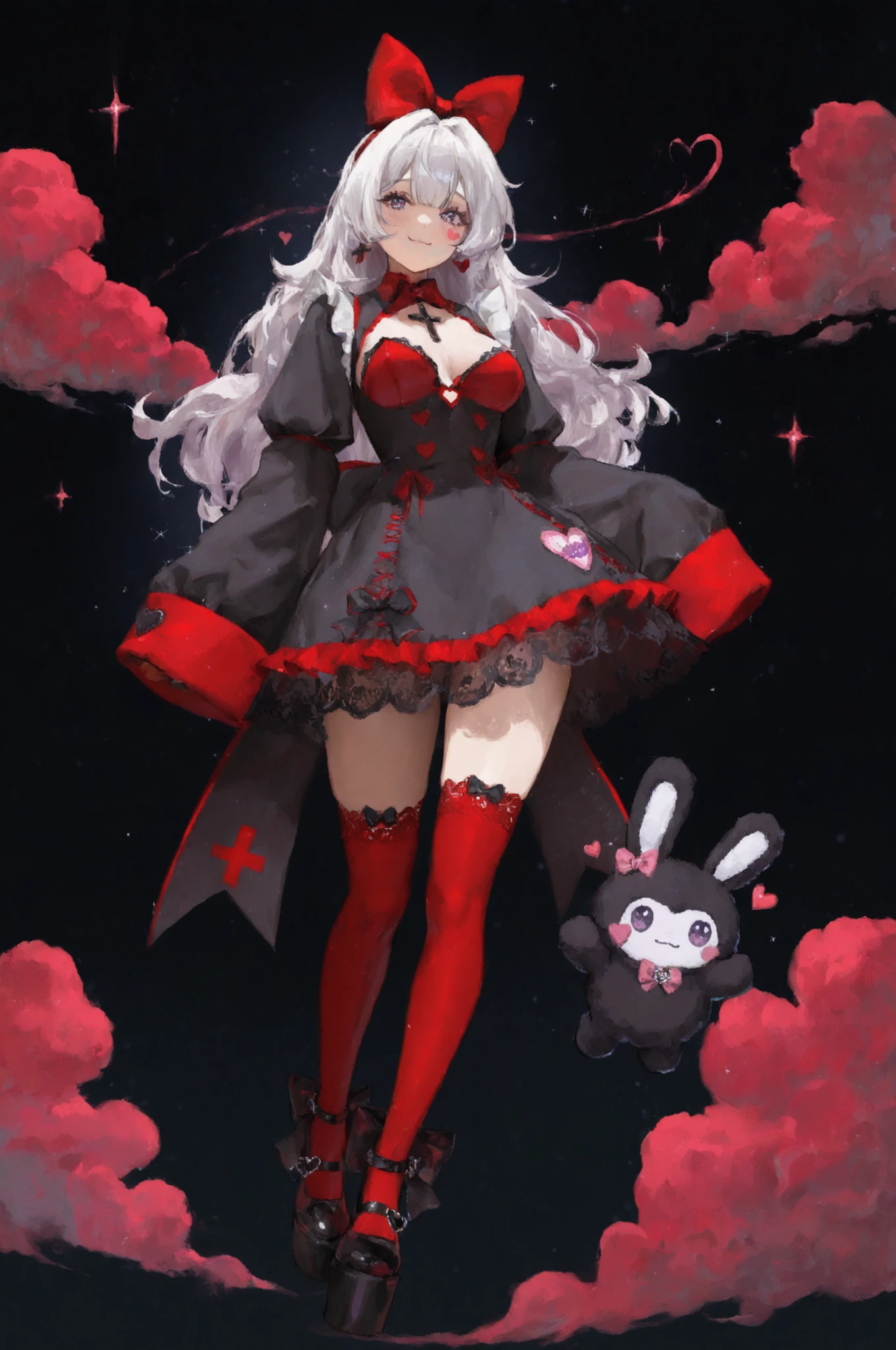 Sticker style, kawaii, 1girl, adult, white hair, lilac eyes, medium breasts, frilly, lace-trimmed red dress with oversized sleeves, heart-shaped buttons, and a big bow on the back, red-colored thigh-high socks with ribbons, cute platform shoes with cross charms, black plush bunny. rosy cheeks, gentle smile, sparkles, floating hearts, black background, and red clouds in the background 