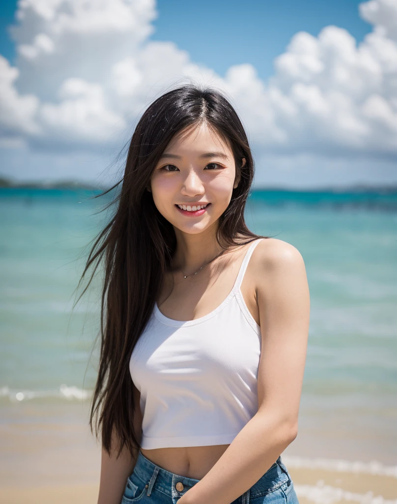 masterpiece,best quality,(Japanese ),((Beautiful girl)),cleavage,(perfect body beauty:1.2),(shy smile),beautiful teeth,(seaside),