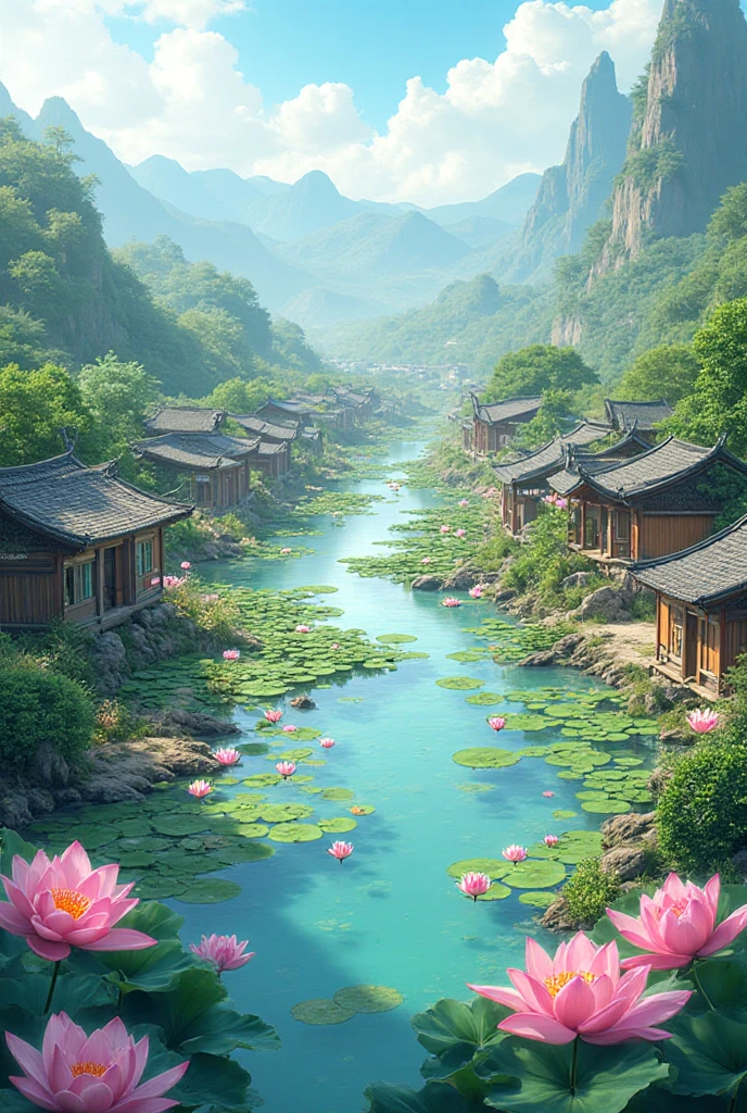 At dusk, green trees, willows flying, surrounded by blue water, small bridges and flowing water, antique color, floral fragrance, warm as jade, birds singing and flowers, water town paintings, leisurely, real photography, 16K resolution