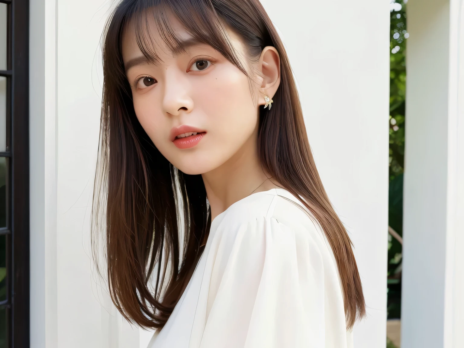 Stylish Short Sleeve Tops、silky hair、40-year-old japanese woman、(背景にwhite wall、straight hair per sheet:1.4)、white wall、 in front of a white door 、(窓のあるwhite wallの部屋)、((Highest Quality、8k、masterpiece:1.3))、ultra high definition、(photoGenuineistic:1.4)、Original photo、japanese,(detail aspect)、Genuine、Photographed in natural light、Highly Detailed Face and Skin Textures、very detailed lips in bondage、the correct state of the human body、medium hair、black hair、 Mr...々stop temporarily、Natural Colored Lips、shiny hair、Don'Don'Don'Watch the camera、profile