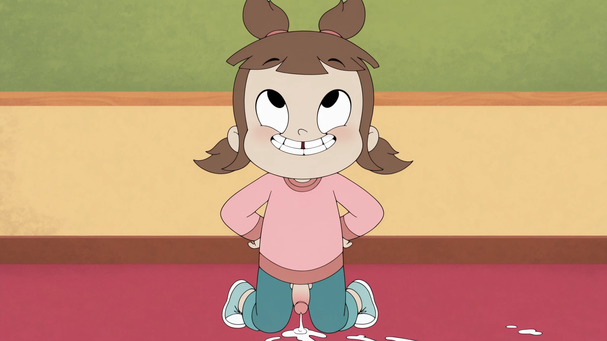 a_ey, missing tooth, 1girl, black eyes, brown hair, bangs, ponytails, high ponytail, elastic band,longsleeve, pants, sneakers pants down, futanari, balls, penis, clenched teeth, cum, excessive cum, cum splatter, rolling eyes, happy,| front view, straight-on, front, kneeling, hands back,