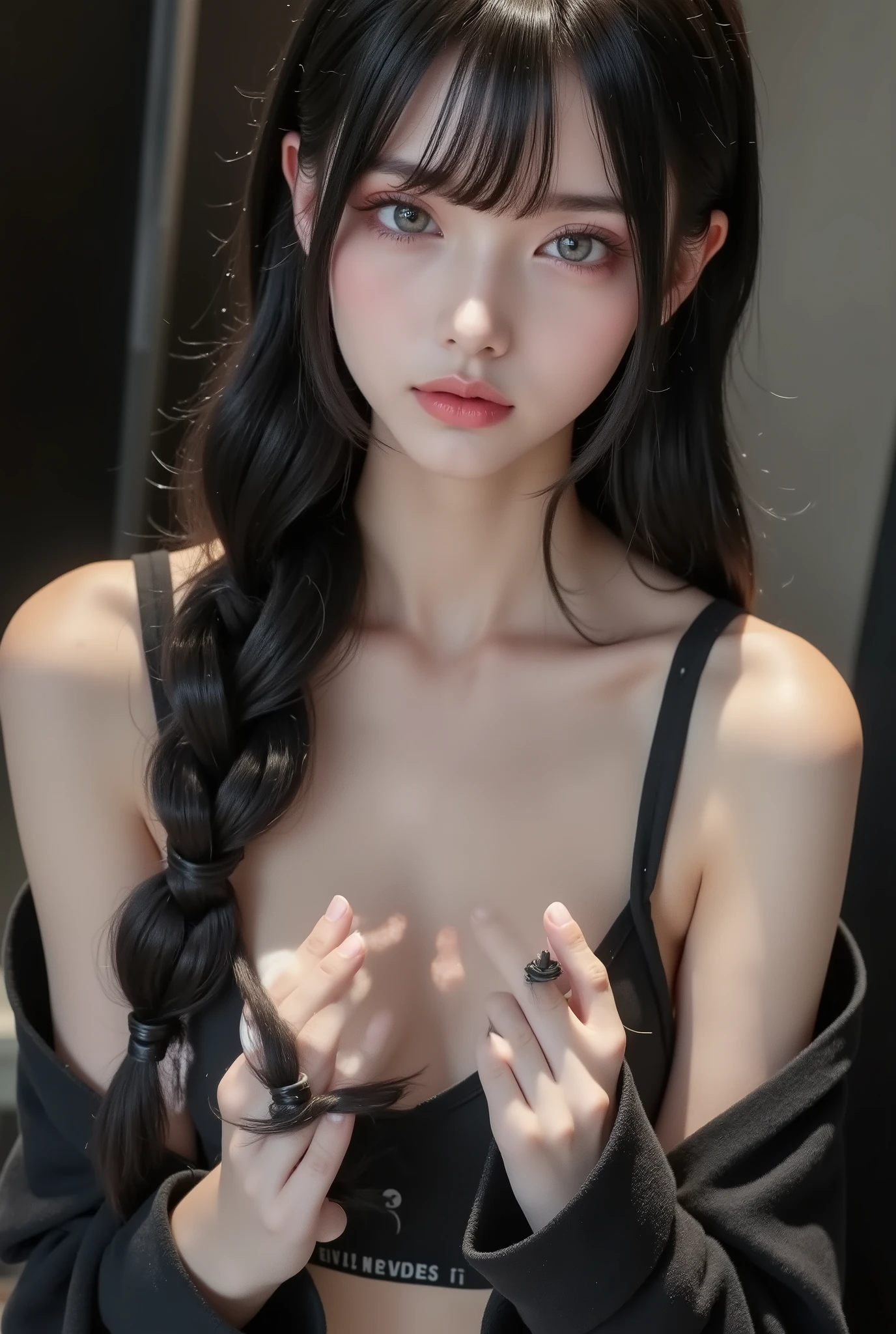 professional fashion model ,  model photography ,  Dynamic Composition,  charming and surprising angles,  professional camera work ,  and above; the highest quality,  pull out a huge penis with a very sophisticated,  realistic skin texture , Ultra Hi-Vision,  high definition, correct, 해부학적으로 correct, masterpiece, Premier,  beautiful hair,  black camisole,face up with eyebrows , smile,  Blurry Background ,  DROP SHADOW,  corrosive material,  cinematic lighting effects ,  ray tracing , 8K octane, Filming technique 