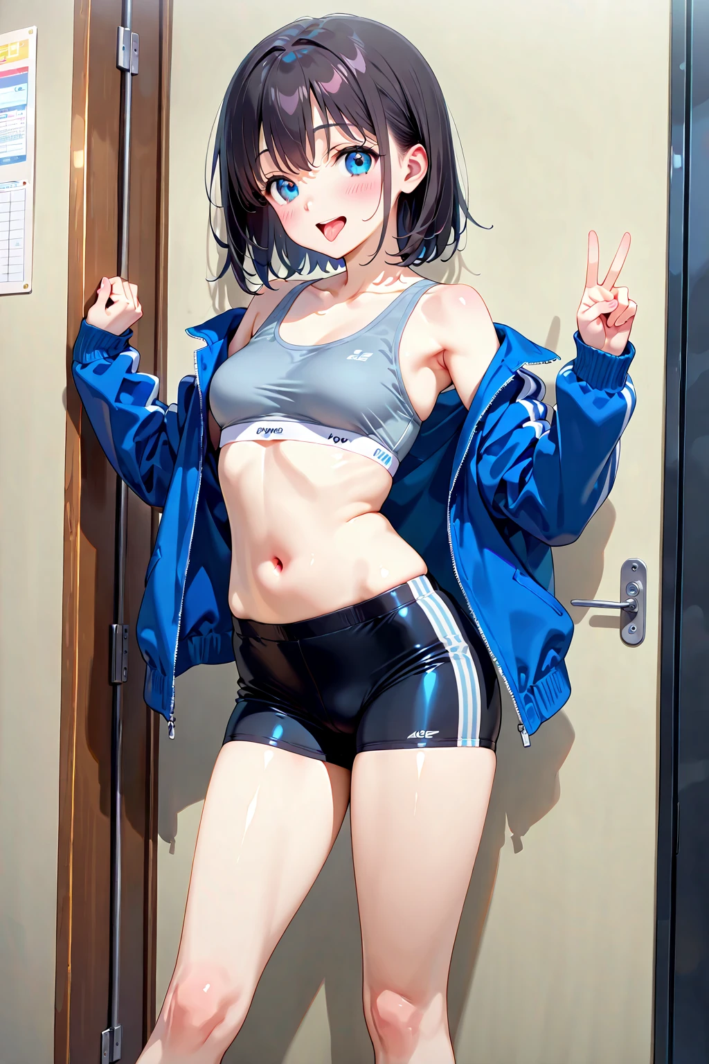 masterpiece, best quality,anime style, 1 girl,(((slender body))), (((small eyes,small ??????))),(((Jacket, Open your clothes, Open jacket, Blue jacket, ground vehicle, Sports Bra, bicycle,buruma))),((((???)))), (beautiful face), (((short twintail))), (((straight hair))), ((((black hair)))),detailed beautiful skin, (perfect hands, perfect ???????)