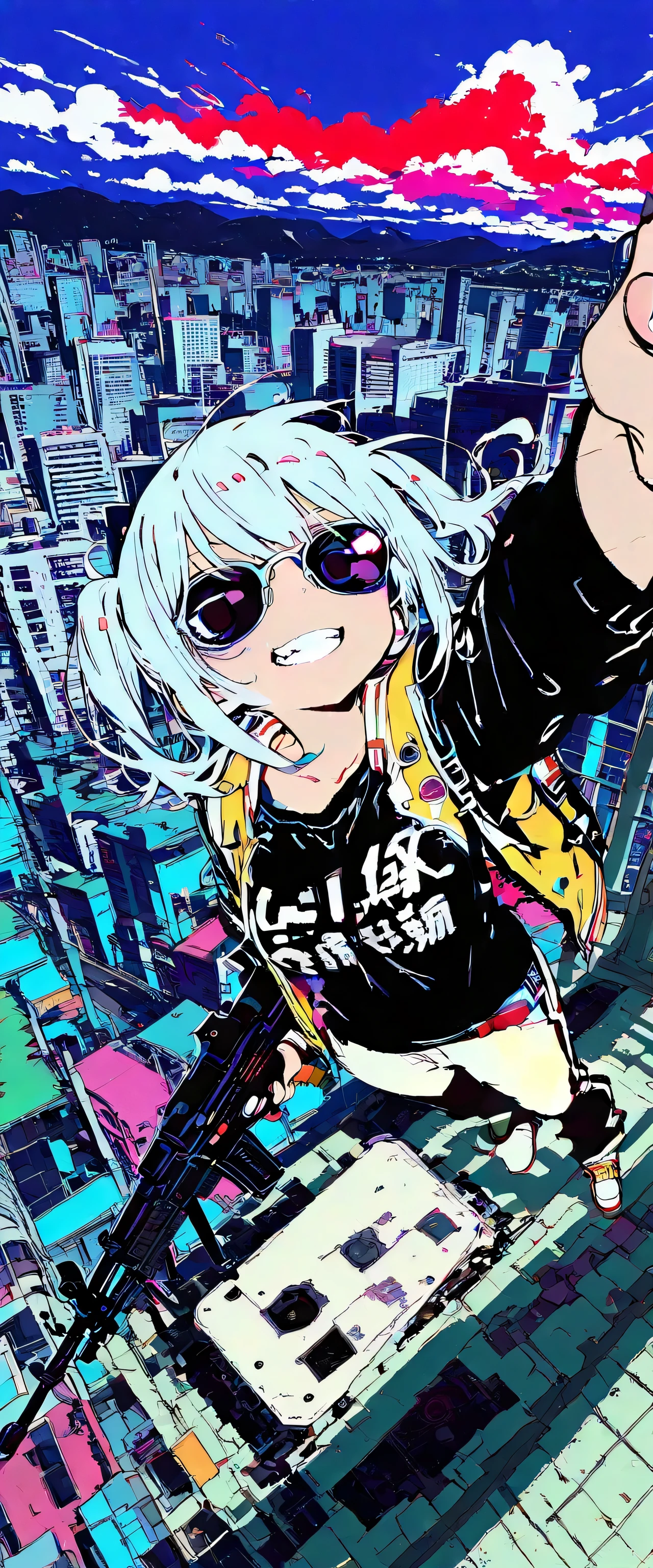 (beautiful girl:1.3),masterpiece,1girl,Ultra-high resolution,rich contrast,Very high quality,8k,Highly detailed CG unit wallpaper,Texture,RAW Photos,professional photograph,an extremely delicate and beautiful,Incredibly absurd,Depth of written boundary 1.2,((A girl carrying a machine gun is patrolling the city)),A large machine gun,She is wearing a black shirt,black sunglasses,(grin),A gangster girl with twin tails wearing black clothes,colorful,(dark:2.0),Set-Flat-Style,flat color,vector style,clean lines,miaomiao_hwm,,overlooking,(magnificent panorama view:1.3),