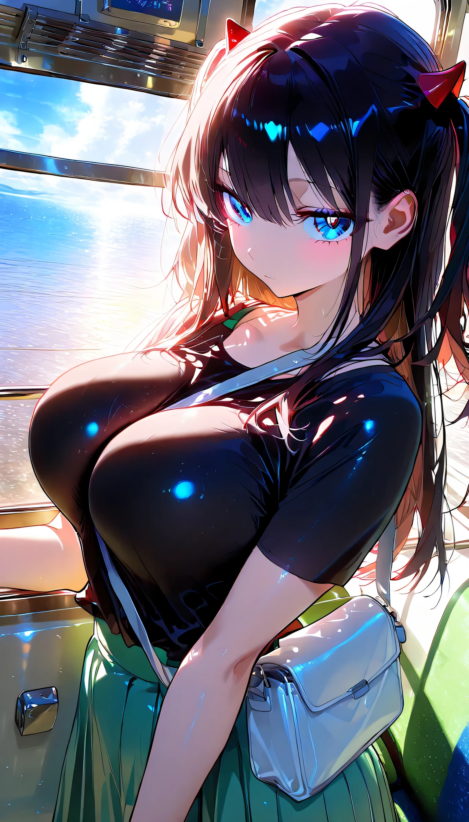 (beautiful girl:1.3),masterpiece,Ultra-high resolution,rich contrast,Very high quality,8k,Highly detailed CG unit wallpaper,Texture,Incredibly absurd,RAW Photos,Highest quality anime,anime-style illustration,studio anime style,professional photograph,an extremely delicate and beautiful,Depth of written boundary1.2,ultra-detailed eyes,Big eyes,Round eyes,blue eyes,two side up,Black Hair,swept bangs,Curvy Women,(Tight-fitting T-shirt),pleated skirt,long sleeve,(huge breasts:1.8),big and round butt,pale skin,dynamic angle,backlight,wide,pai-sura, breasts emphasis, slant bag, bag strap passing between breasts,miaomiao_hwm,on the train,sitting on a chair,(from side:1.5),Beautiful view from the window
