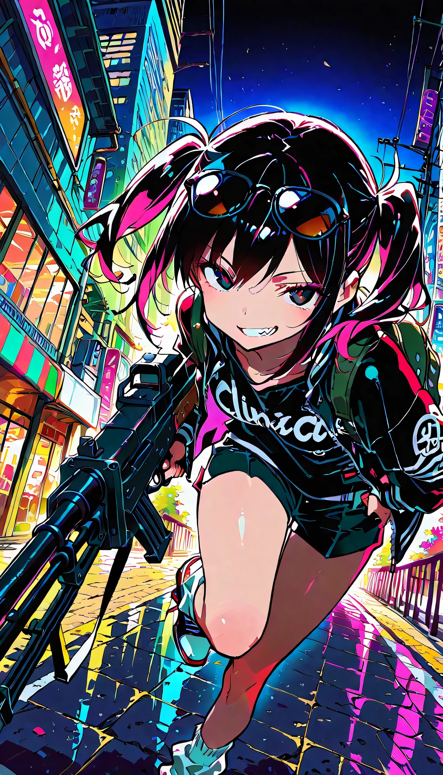 (beautiful girl:1.3),masterpiece,1girl,Ultra-high resolution,rich contrast,Very high quality,8k,Highly detailed CG unit wallpaper,Texture,RAW Photos,professional photograph,an extremely delicate and beautiful,Incredibly absurd,Depth of written boundary 1.2,((A girl carrying a machine gun is patrolling the city)),A large machine gun,She is wearing a black shirt,black sunglasses,(grin),A gangster girl with twin tails wearing black clothes,colorful,(dark:2.0),miaomiao_hwm