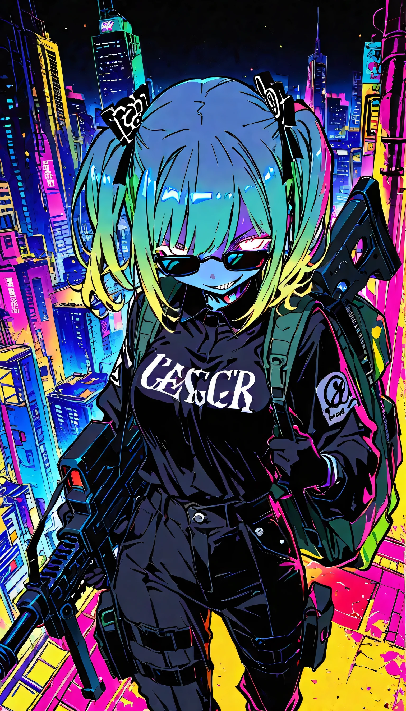 (beautiful girl:1.3),masterpiece,1girl,Ultra-high resolution,rich contrast,Very high quality,8k,Highly detailed CG unit wallpaper,Texture,RAW Photos,professional photograph,an extremely delicate and beautiful,Incredibly absurd,Depth of written boundary 1.2,((A girl carrying a machine gun is patrolling the city)),A large machine gun,She is wearing a black shirt,black sunglasses,(grin),A gangster girl with twin tails wearing black clothes,colorful,(dark:2.0),miaomiao_hwm