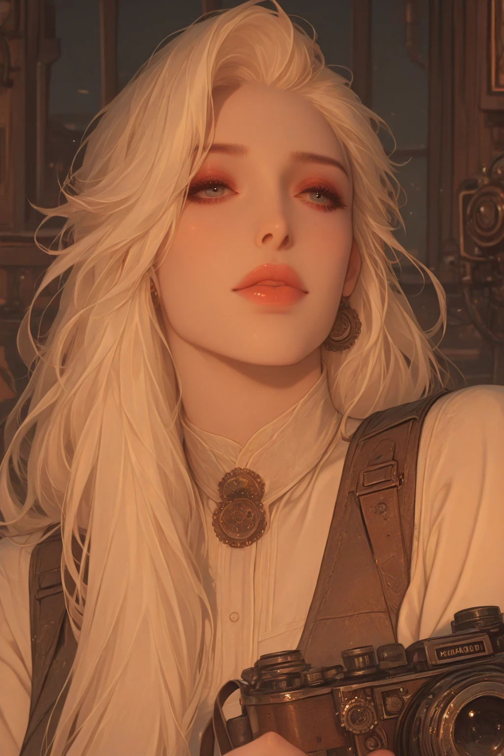 Hyperrealist portrait of female by david hockney and alphonse mucha,fantasy art, photo realistic, dynamic lighting, artstation, poster, volumetric lighting, very detailed faces, 4 k, award winning,, 1girl, in the dark, deep shadow, low key,cowboy shot,(official clothing:1.4) ,long hair,white hair,