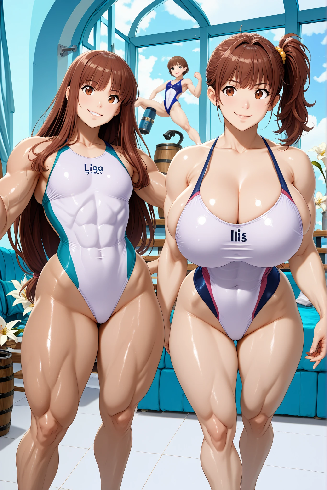 score_9, score_8_up , score_7_up , just describe what you want, tag1, tag2,official art, official style,anime capture, anime coloring, anime screenshot, game cg,illustration,        ( necömi style:1.5),(masterpiece:1.5),(most detailed:1.5), (high resolution:1.5), (best quality:1.5),(perfect anatomy:1.5), (4K:1.3),(2 girls:1.3),(dynamic posing:1.8),(Various poses:1.8)  ,(Lily is on the right:1.5), (Lala is on the left:1.5),(mizuno competition swimsuit:1.5), (both have brown hair:1.5), brown eyes,(beautiful girl:1.3),(Lala is a flat chest:1.5, flat chest, flat chest,barrel-shaped body:1.3,big body:1.3, cylindrical body type:1.5,flat chest, flat chest, muscular,muscular,   brawny, beefy, toned body,    abs , wide torso, Wide shoulders, wide chest,  wide torso,  wide legs  ,competitive swimsuit : 1.5),
(Lily is a huge breasts:1.5 ,huge breasts,boob,mizuno competitive swimsuit,cleavage   ,boob:1.3,glamorous ,voluptuous  ,beautiful breasts  ,     curvy,with natural bangs: 1.5)  ,(Lala is a flat chest:1.5, flat chest, flat chest,barrel-shaped body:1.3,big body:1.3, cylindrical body type:1.5,flat chest, flat chest, muscular,muscular,   brawny, beefy, toned body,    abs , wide torso, Wide shoulders, wide chest,  wide torso,  wide legs  ,competitive swimsuit : 1.5), ,(　living room,sofa,chair,window,sunshine  :1.5　　　),smile:1.3,