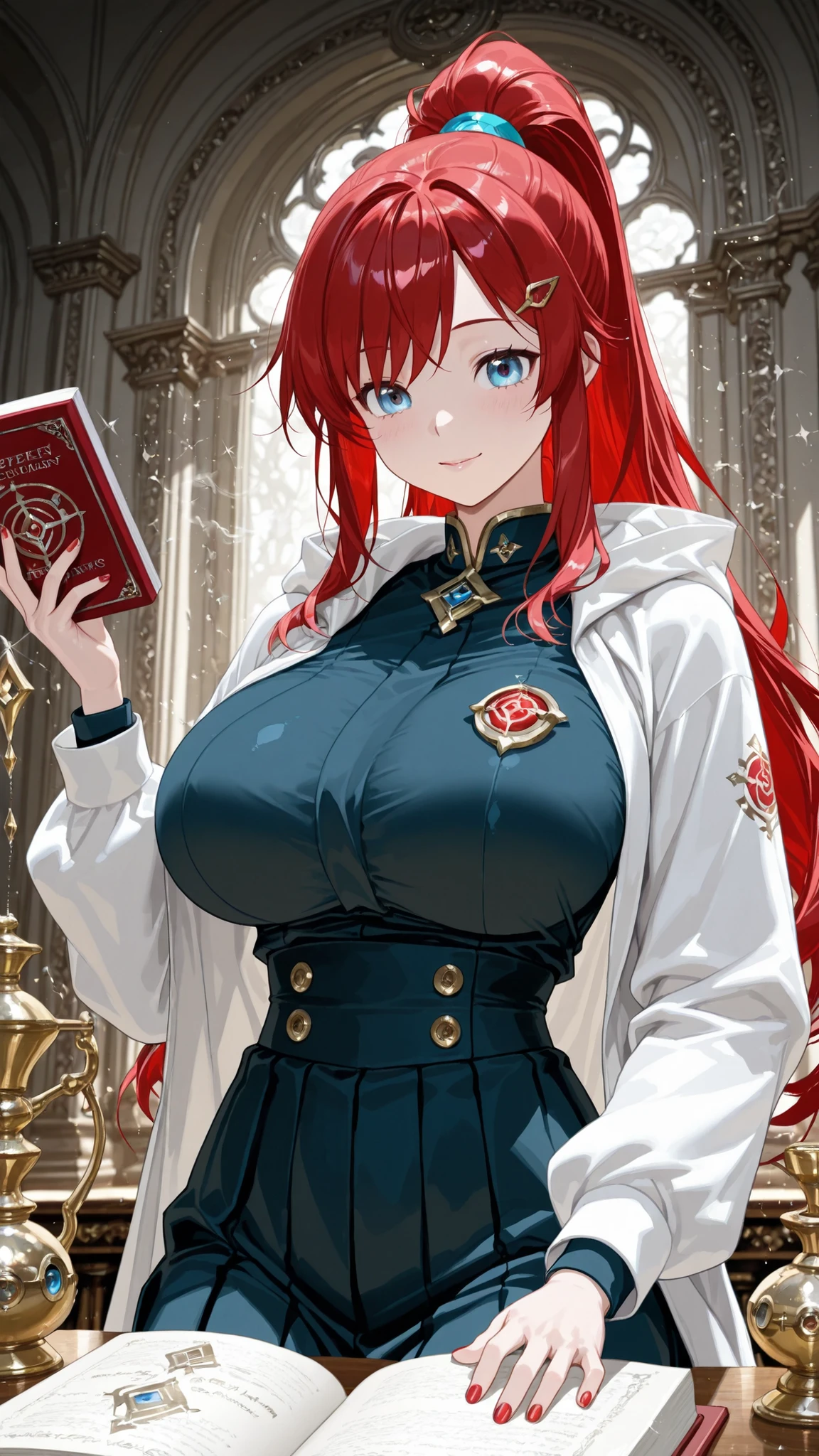 8k (high definition) (Super Detailed) (masterpiece) (Highest Quality) Animated Illustrations fine eyes detailed face Feminine Detailed Hand Delicate hair detailed wrinkles on clothes Exquisite Feminine Figure with fine skin detailed background solo blue eyes (has red hair) hair clip on bangs (ponytail) big breasts joyful expression Student uniform wears white coats nail polish Alchemy Experiments 、Manipulate the Metamorphosis of Gold、Secret Workshop Deep in the Grey Mine、Ancient Alchemy Books、Sparkling Metal Powder、Complex Alchemy Devices、Mysterious Light Reagent、Alchemy Symbols Engraved on the Rock Wall、Smoking Incense Burner、A magical sight