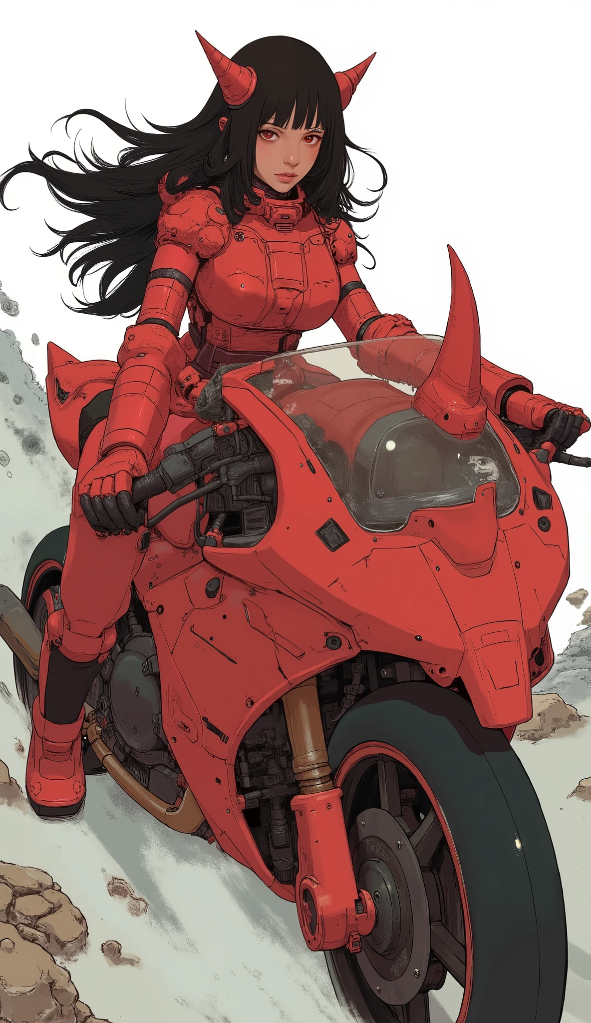 Aerial photography、woman wearing Zaku armor, Zaku,redいバイクに跨っている ,red, Zaku, Female Mecha, Japanese Mecha, Macross's style, Mecha Girl、big boobs、Zaku、simple white background