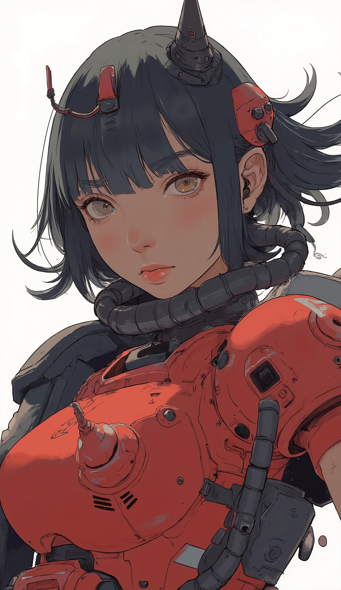 Close up of a woman wearing Zaku armor, Zaku,redいレース用バイクに跨っている ,red, Zaku, Female Mecha, Japanese Mecha, Macross's style, Mecha Girl、big boobs、Zaku、simple white background