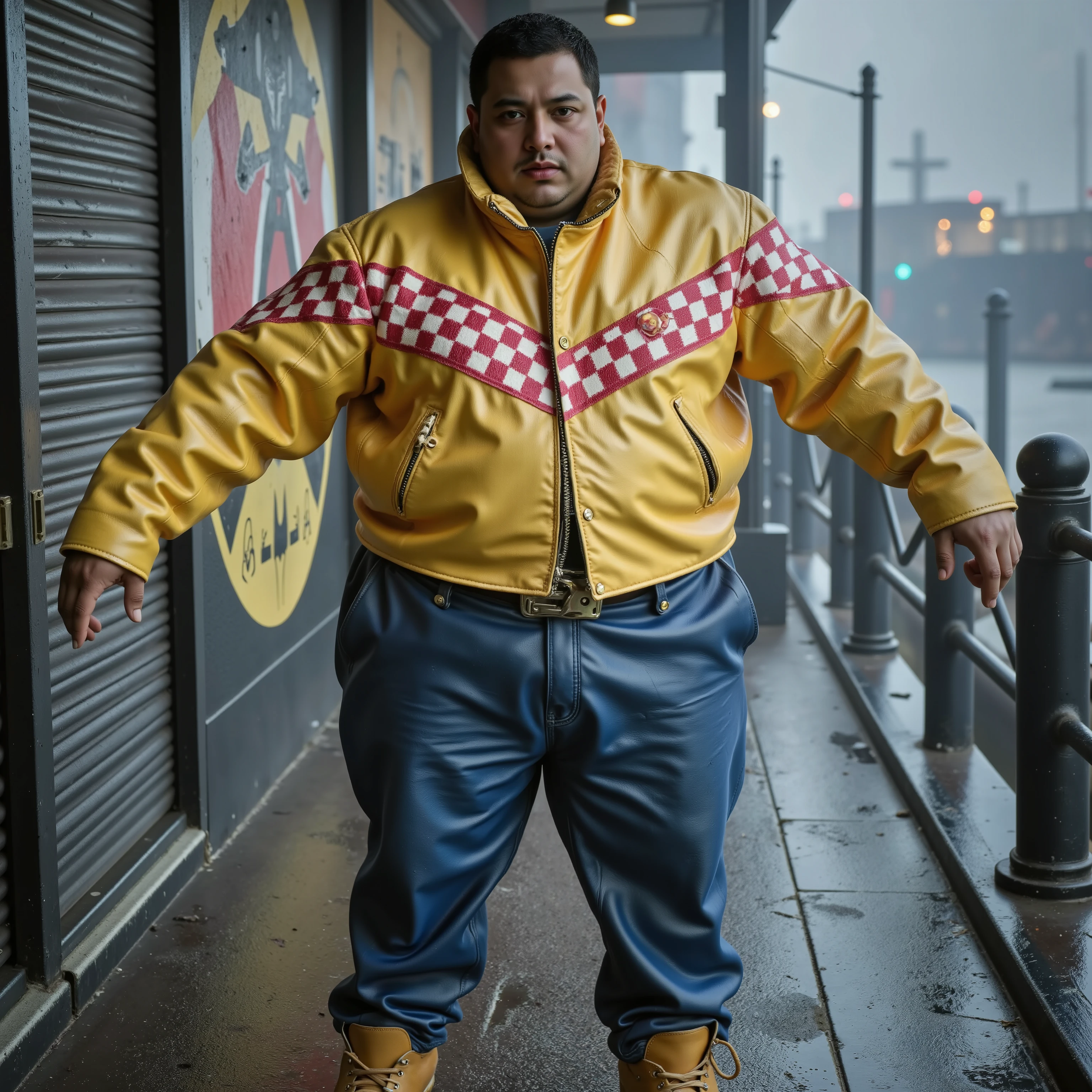 ,an immensely obese 58 year old black man wearing a shiny gold and yellow bredwhtredcheckercrjkt leather jacket with a heavy red and pink checkered stripe diagonal across the chest, the man wears blue polished leather pants, the man is in a dimly lit alley at sunrise, it is snowing sn211, the man is standing near a harbor of small boats, the water of the large lake is foggy, in the distance a small island with a futuristic office compound is seen, the man has yellow boots, cyberpunknoirlora