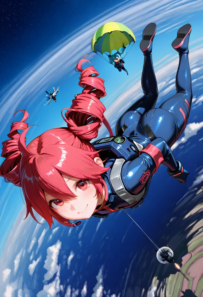  Sci-Fi style eureka anime illustration, rough and intense illustration of 1girl, jumping high in the sky on a mecha skateboard. The background depicts a mecha air-surfing high in the sky and a dynamic jump to the sky with elements of breakdancing. The images are dynamic and dynamic from below, using thick, exaggerated lines and brush strokes to emphasize the accelerated speed and mecha-gimmick-packed action. Pink-chan has medium-length  pastel green hair 