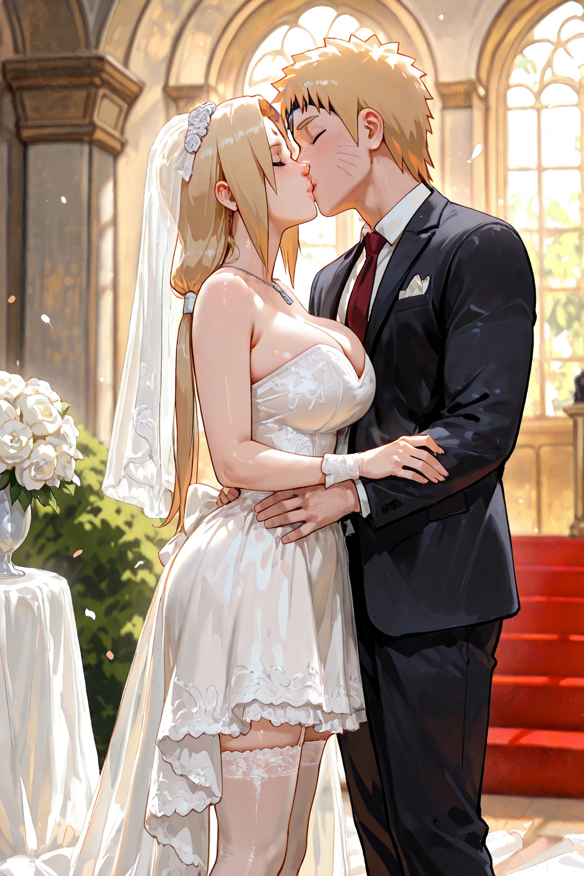 ((Highest quality)), ((masterpiece)), (detailed), （Perfect Face）、The woman was Princess Leona, with long light brown hair and a gorgeous, glittering wedding dress and wedding veil.、In a luxurious church wedding hall, a woman is embracing an elderly man in a white tuxedo and kissing him in a wedding ceremony.、The woman has long hair