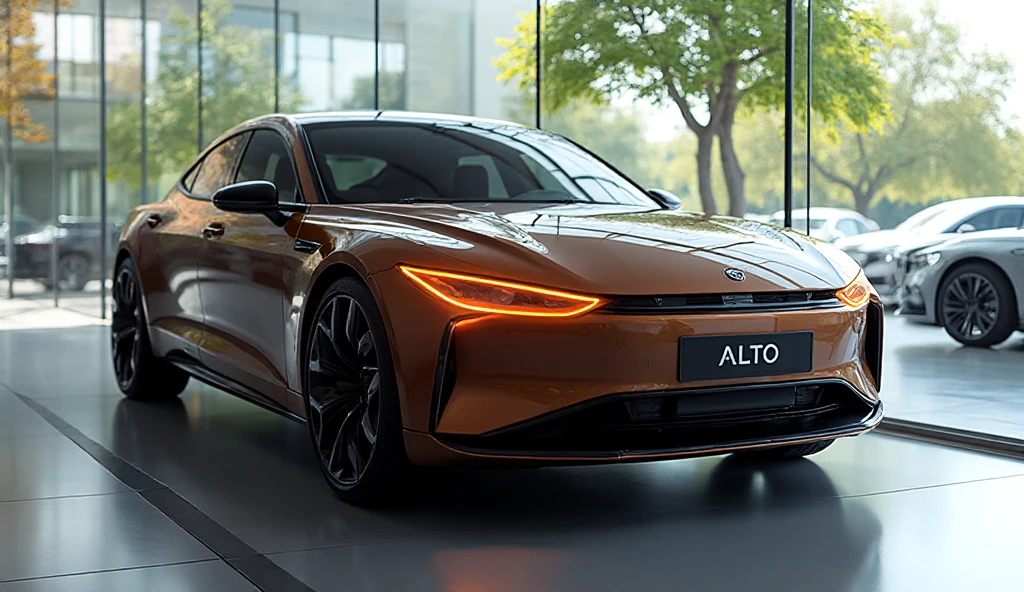 A brand-new [ALTO] in (Orenge metallic) color. The car is parked inside ...