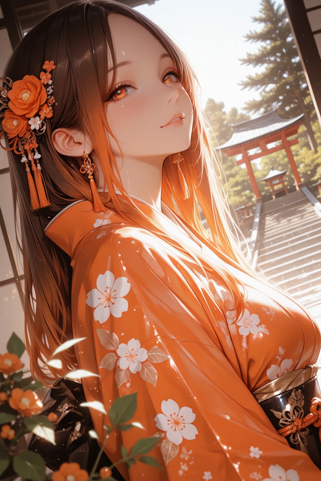 The red fox anime girl is a beautiful and magical creature that combines the style of Japanese anime with a special, imaginative appearance. Her eyes are deep and vivid, with a golden color that expresses ancient wisdom and curiosity. Her long, silky hair is a fiery red, reminiscent of the beauty of a sunset. A gentle smile adorns her face, radiating intelligence and playful curiosity. The contours of her face are delicate and feminine, enhancing her natural beauty. Her nose is slightly curved, and her mouth has a subtle curve, further emphasizing the sparkle of her golden eyes. Her wardrobe is reminiscent of ancient Japanese style, complemented by modern elements. An elegant kimono covers her body, adorned with patterns depicting red foxes. Beneath the kimono, a light, silky undergarment delicately follows the contours of her body. As an accessory, she wears a traditional Japanese helmet with red fox decorations. On her legs, long stockings and traditional Japanese shoes are visible—practical yet elegant. Completing the ensemble is a small magic wand symbolizing the ancient magic of Japan, always kept close to assist and protect those in need. Anime style, fox girl with fiery red hair, golden eyes, smiling face, long kimono adorned with red fox patterns, traditional Japanese helmet, stockings and shoes, magic wand, elegant and curious expression.