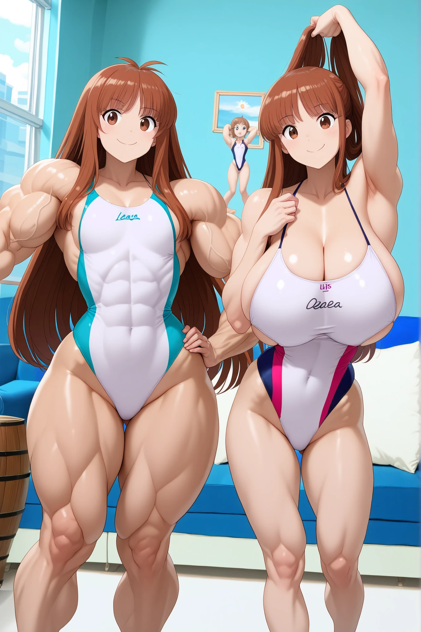 score_9, score_8_up , score_7_up , just describe what you want, tag1, tag2,official art, official style,anime capture, anime coloring, anime screenshot, game cg,illustration, ( necömi style:1.5),(masterpiece:1.5),(most detailed:1.5), (high resolution:1.5), (best quality:1.5),(perfect anatomy:1.5), (4K:1.3),(2 girls:1.3),(dynamic posing:1.8),(Various poses:1.8) ,(Lily is on the right:1.5), (Lala is on the left:1.5),(mizuno competition swimsuit:1.5), (both have brown hair:1.5), brown eyes,(beautiful girl:1.3),(Lala is a flat chest:1.5, flat chest, flat chest,barrel-shaped body:1.8,big body:1.3, cylindrical body type:1.5,flat chest, flat chest, muscular,muscular, brawny, beefy, toned body, abs , wide torso, Wide shoulders, wide chest, wide torso ,competitive swimsuit : 1.5),
(Lily is a huge breasts:1.5 ,huge breasts,boob,mizuno competitive swimsuit,cleavage ,boob:1.3,glamorous ,voluptuous ,beautiful breasts , curvy,with natural bangs: 1.5) ,( living room,sofa,chair,window,sunshine :1.5 ),smile:1.3,