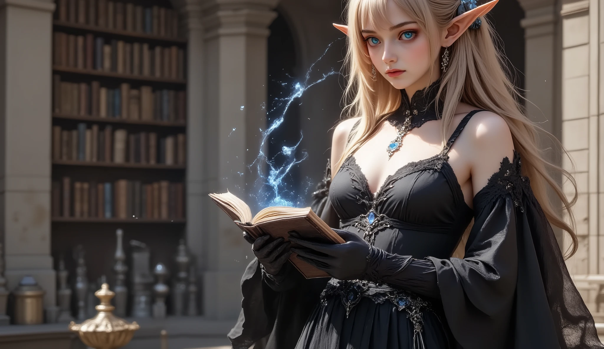 ((inspired by )),(masterpiece, best quality),beautiful, female, ultra realistic, beautiful-woman,(detailed face).(full body:1.3).
((female elf)),(large breasts),cleavage, elf woman is wearing battle-dress with off-shoulder,lace-gloves,lace-socks, platform-shoes, ,Flipping through a spell-book and Chanting a magical spell,in magic Labs of Enchanted Libraries,
.