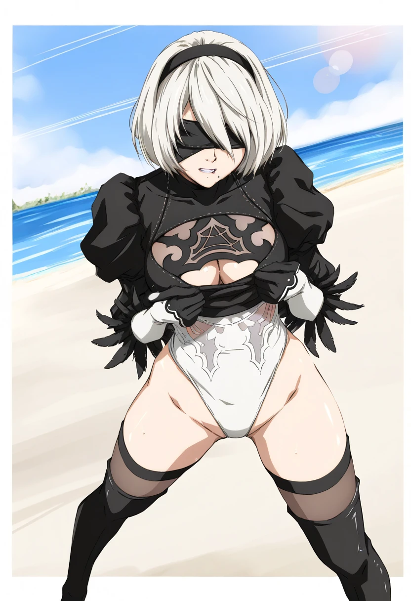 score_9, score_8_up, score_7_up, source_anime,
2b, 2b, yorha no. 2 type b, short hair, white hair, hairband, mole, black hairband, mole under mouth, blindfold, covered eyes, black blindfold,
gloves,
outdoors,
solo, dutch angle, looking at viewer, cowboy shot, small black micro ??????, small think black waist high ?????? bottom, black wire frame cat ears, at beach side, next to water, sunset lightning, extremely ???????????, extremely wide ????, extremely big ???,