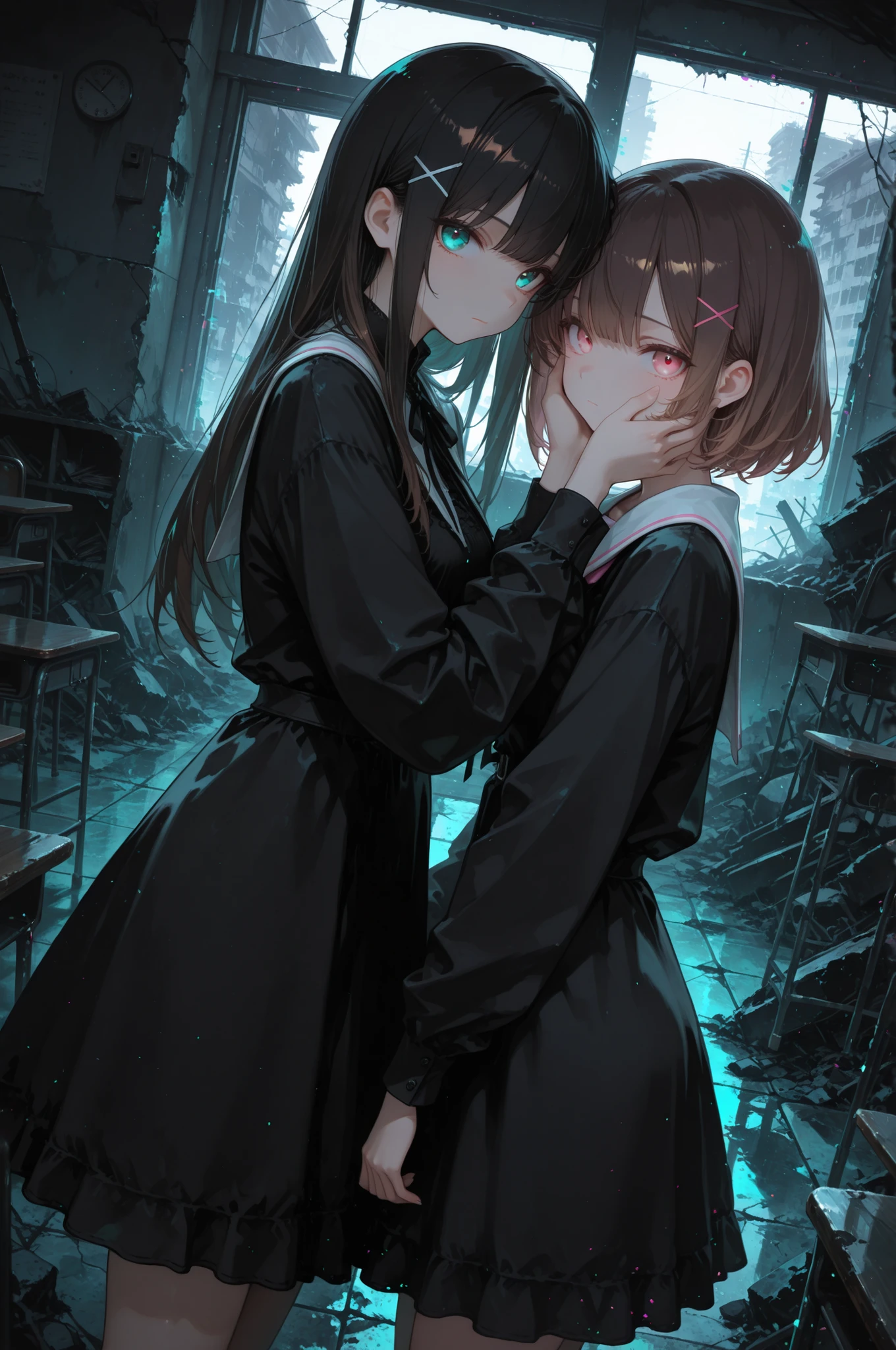 2girls ,behind another ,black dress ,dark ,glitch ,long hair ,looking at viewer ,closed mouth ,pink eyes ,aqua eyes ,brown hair ,short hair ,black hair ,standing ,x hair ornament ,ruins ,classroom ,hand on another's cheek ,hand on another's face ,hand on another's head ,from side ,dutch angle ,noise ,masterpiece, best quality, ultra detailed ,
