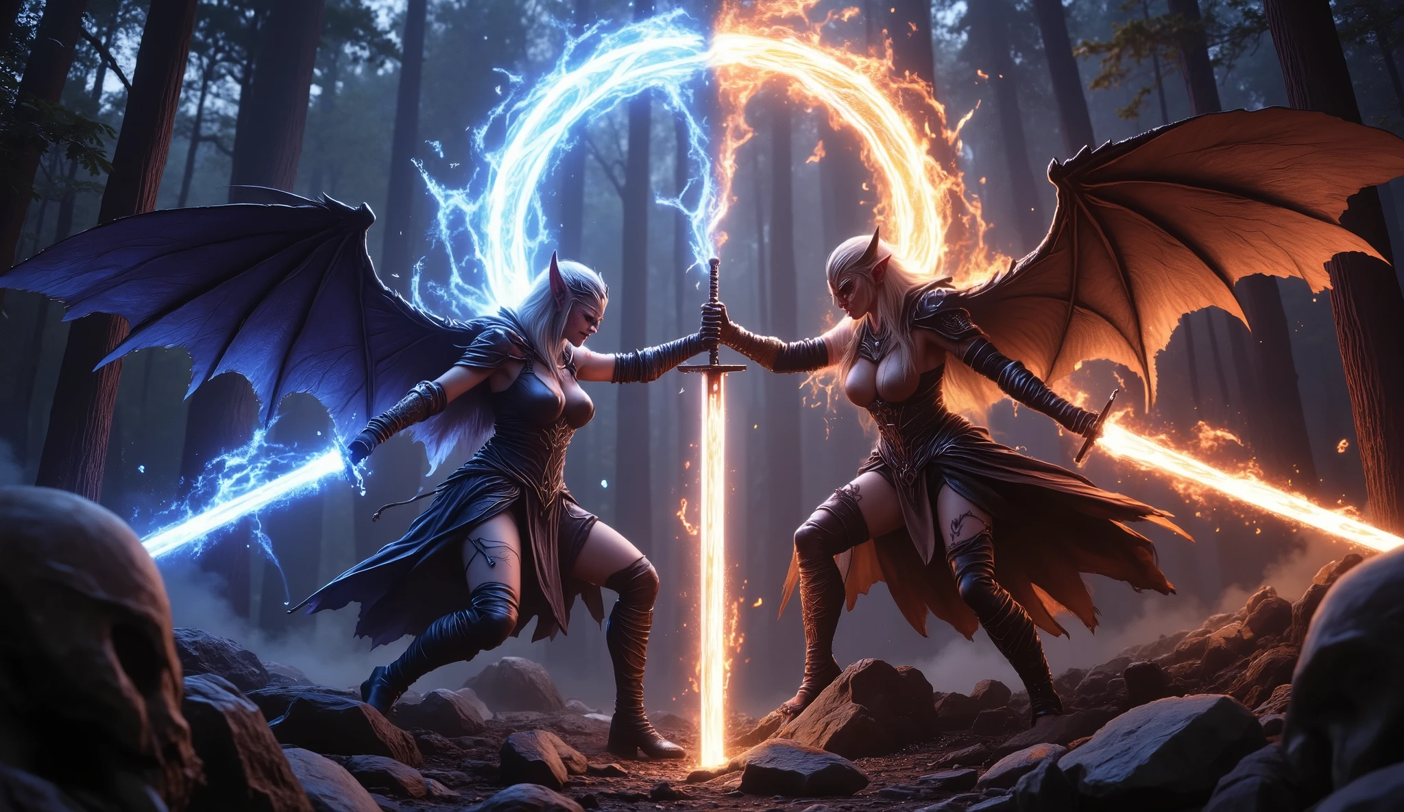 ((inspired by anime style)),(masterpiece, best quality),beautiful, female, ultra realistic, beautiful-woman,(detailed face).(full body:1.3).
((female elf)),((elf ears)),(((2-woman:1.5))),,,background is Battlefields of Angels and Demons,Engaging in a fierce battle,
right elf woman is wearing battle-dress with off-shoulder,lace-gloves,lace-socks, platform-shoes,holding wand,Harnessing magical flames and Chanting a magical spell,large breasts,((milf)),tsurime,cleavage,beautiful face,
left elf woman is wearing enchanted armor, breastplate,gauntlets,lace-trimmed leg-wear,armored-boots,holding sword,Enchanting a sword with flames and Cloaked in magical aura,huge breasts,muscular female,abs,angry,glaring,beautiful face,
.