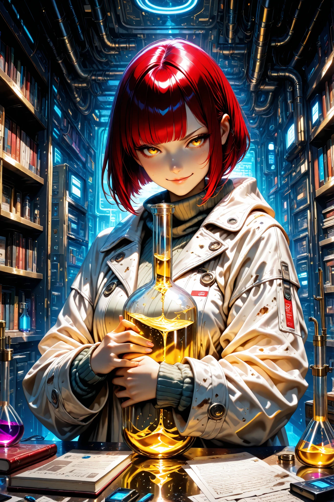 (masterpiece, very detailed, Highest Quality, Photorealistic Stick, high contrast), young woman before the performance, solo, (Red Short Bob:1.4), beautiful character design, perfect contrast, anatomically accurate, young face, beautiful and delicate eyes, expressive eyes, golden eyes, (smirks:1.2), (Dirty White Coat, sweater), (hug the flask), (The inside of the flask is filled with golden liquid), Cyberpunk Interior, Plumbing throughout the room, Computer and laboratory equipment、books and pieces of paper scattered throughout the room, Bookshelf, Lots of books , lots of colorful vials, (upper body), (from oblique above:1.2)