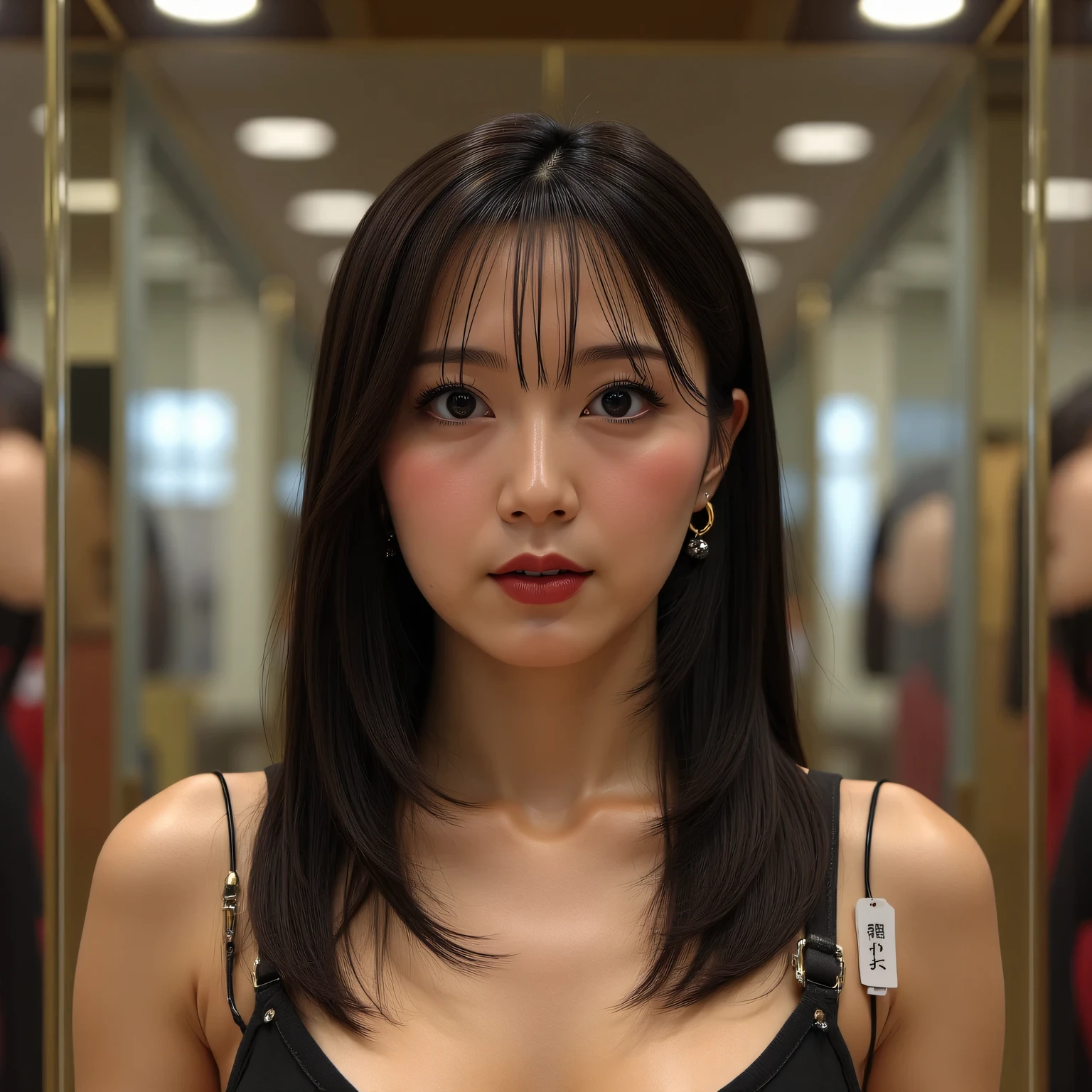 Beautiful woman with a  hollow expression wearing a black collar in a glass showcase、price tag 、Bright Lights、Love Doll Showroom、Gentleman Appreciating Products、1 woman、Details Belly、Beautifully Drawn Face in Every Detail、Thin hollow eyes、detailed lips、graceful pose、Dramatic Lighting、Realistic、high quality、reality、very detailed、8k、masterpiece、studio light、cinema lighting、dramatic atmosphere、Sulky、high end、charming、from below、anatomically correct、textured skin、最high quality、very detailed、Ultra high definition 、4K、8k、slender、big boobs、Woman with black hair medium long straight hair with a hollow expression