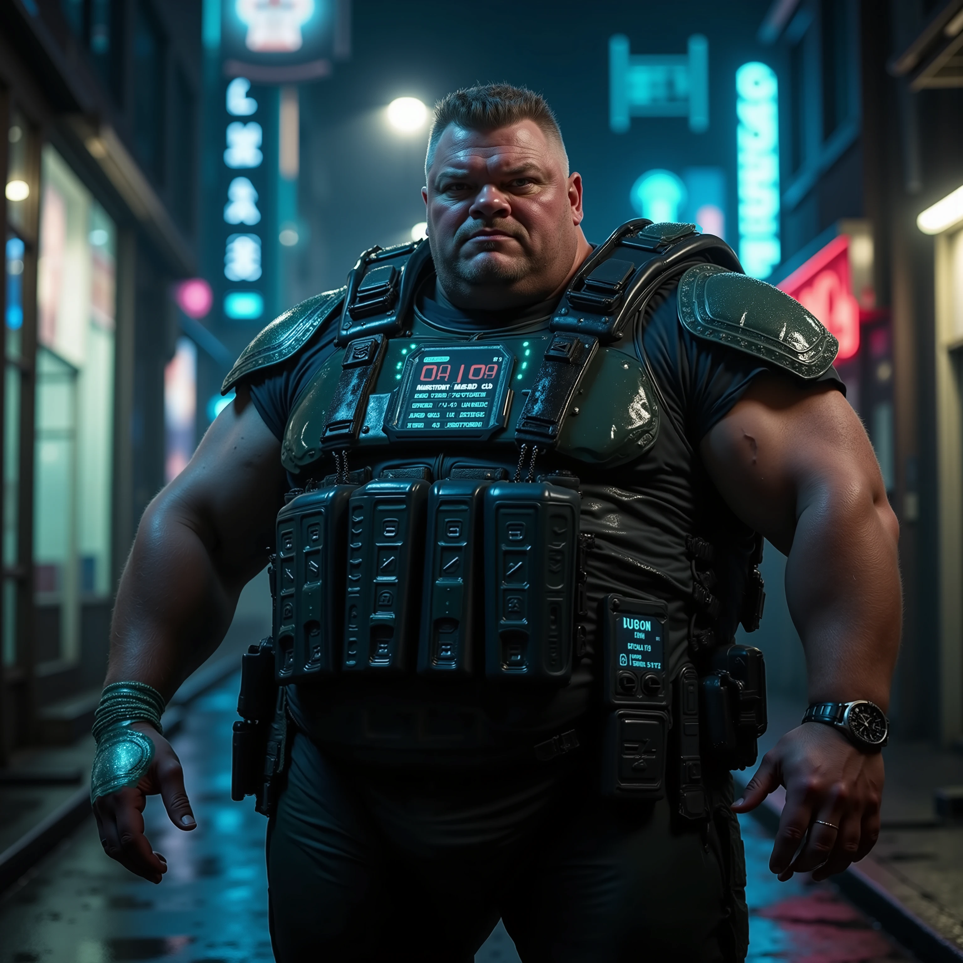 a wide angle portrait of a 350 pound extremely heavy weight muscular man in his late 40s, wearing a heavy shiny black rubber tactical vest with glowing cyan piping over a dark green armored made of thick vinyl, standing confidently in a rain-slicked, neon-lit alleyway at night, the reflections of holographic advertisements visible on wet pavement, cyberpunk aesthetic, detailed urban environment, atmospheric lighting, the mans left wrist has a large holographic display projected from a small watch, the holographic display shows the man medical readouts