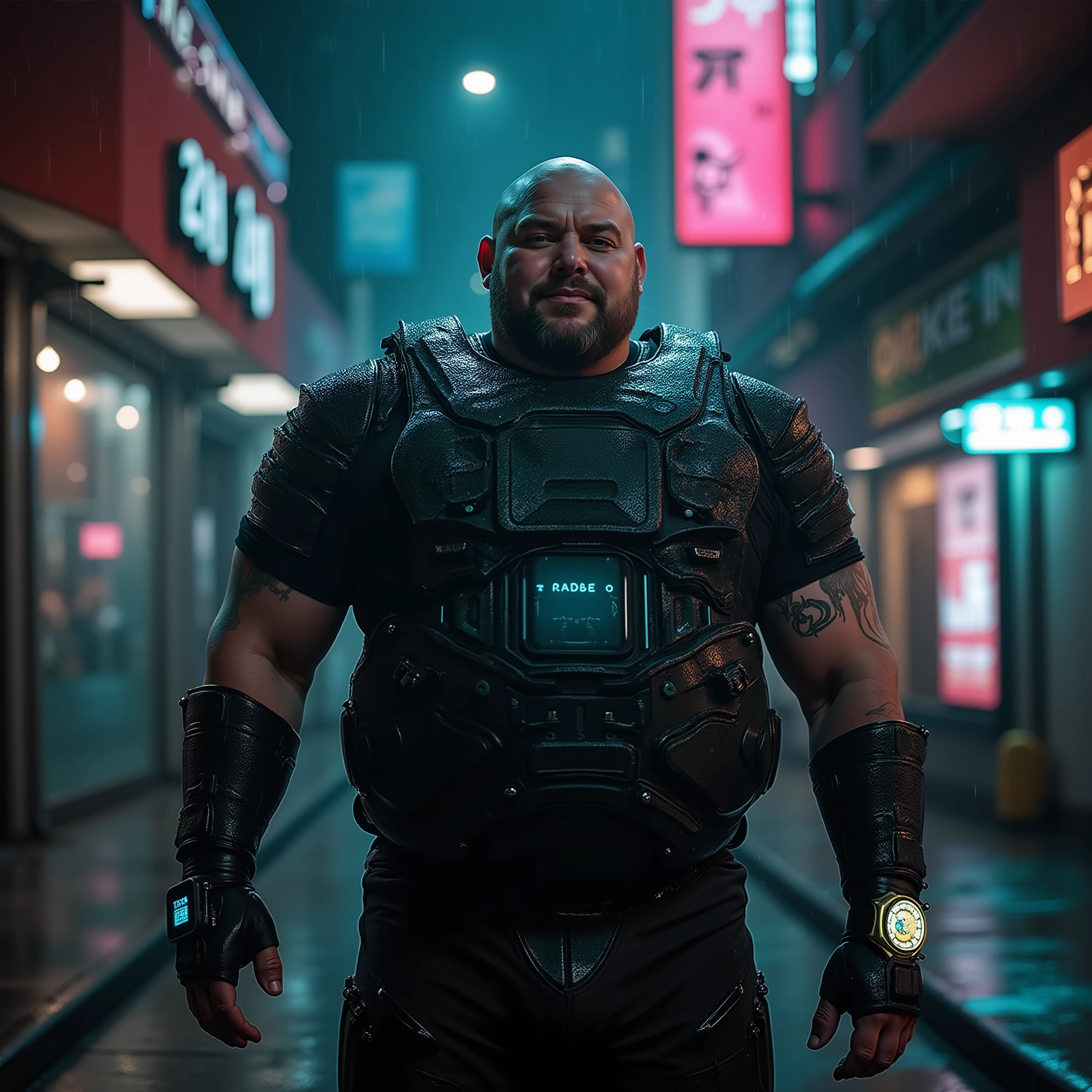 a wide angle portrait of a 350 pound extremely heavy weight muscular man in his late 40s, wearing a heavy shiny black rubber tactical vest with glowing cyan piping over a dark green armored made of thick vinyl, standing confidently in a rain-slicked, neon-lit alleyway at night, the reflections of holographic advertisements visible on wet pavement, cyberpunk aesthetic, detailed urban environment, atmospheric lighting, the mans left wrist has a large holographic display projected from a small watch, the holographic display shows the man medical readouts