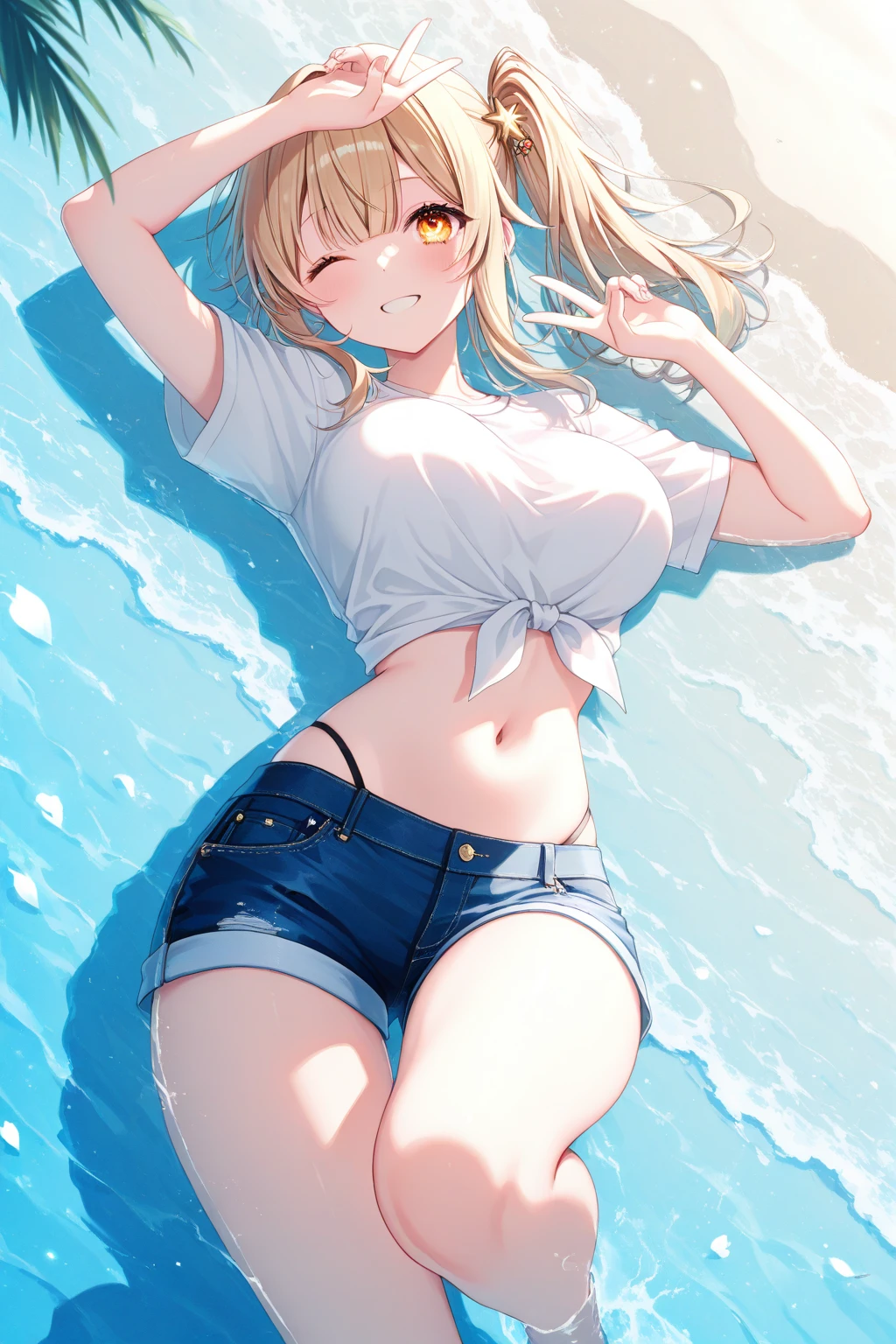 ​masterpiece、ultra-quality、ultra-detailliert、Perfect drawing、独奏、girl with、((pretty bikini))、Round and cute buttocks、((bulging bust top))、red blush:(0.2)、perspiring、｛｛｛sun burn:(1.5)｝｝｝、A smile、18year old、blue-sky、cumulonimbus clouds、glowing sun、shores、sand beach、Shot from diagonally below the back、bustup、see -through、beatiful backgrounds、Accurate drawing、Detailed drawing