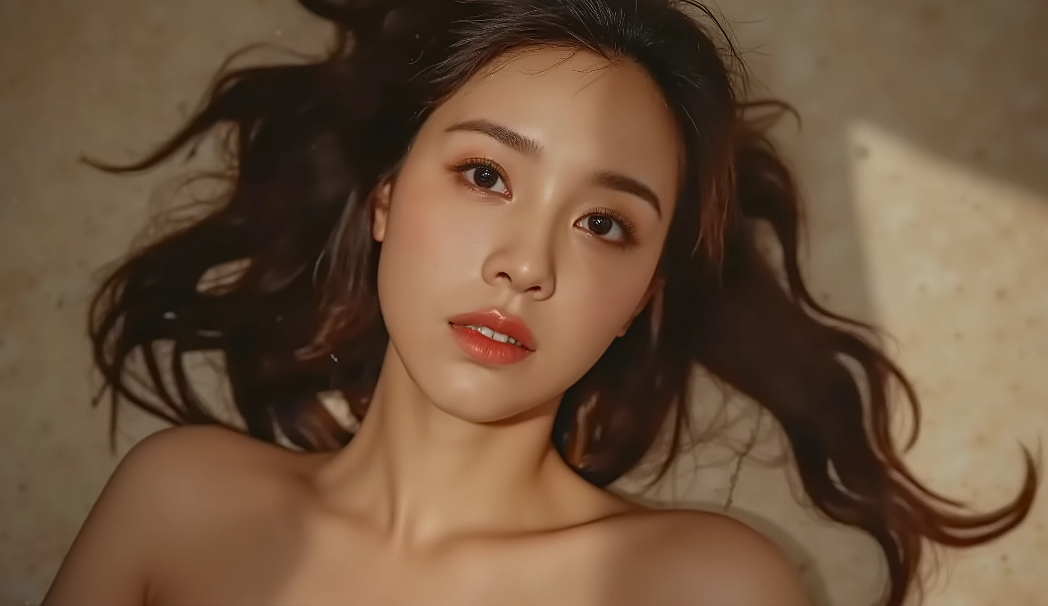 Masterpieces Best Quality (Wallpapers 8K Very High Detail) (best illustrations) (The best shadow) Realistic light, high definition, very realistic, 30 year old Asian woman, good looking, not wearing clothes, naked, showing large breasts. She was shot in the forehead, lying on her back on a blood-stained plaster floor, in a hotel, a bullet wound in the middle of her forehead, a bullet hole on her forehead bleeding a little, no hair covering her face. Her eyes flashed wide in fear, her mouth open, her face full of emotion, suggesting a sexual climax, but she was dead.