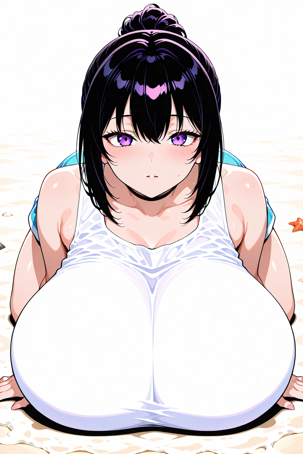 1girl,[flat(3) breasts,dark purple hair,purple eyes,fluffy hairstyle,],bob cut hair,[chubby face],ふっくら顔,[[chubby belly]succubus,blurry light pink background,oily,election nipples,solo,zoom in