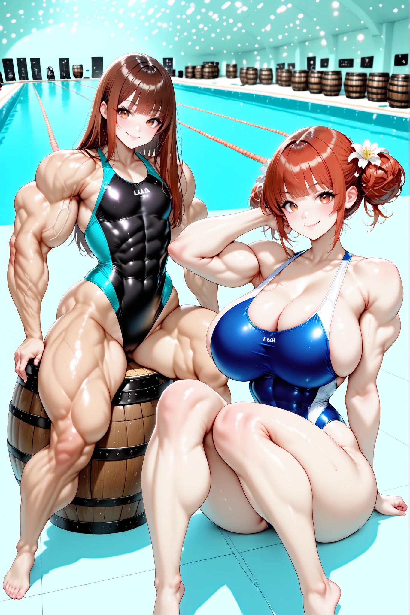 score_9, score_8_up , score_7_up , just describe what you want, tag1, tag2,official art, official style,anime capture, anime coloring, anime screenshot, game cg,illustration, necömi style,(masterpiece:1.5),(most detailed:1.5), (high resolution:1.5), (best quality:1.5),(perfect anatomy:1.5), (4K:1.3),(2 girls:1.3),(dynamic posing:1.8),(Various poses:1.8) ,(Lily is on the right:1.5), (Lala is on the left:1.5),(mizuno competition swimsuit:1.5), (both have brown hair:1.5), brown eyes,(beautiful girl:1.3),(Lala is a flat chest:1.5, flat chest, flat chest,barrel-shaped body:1.8,big body:1.3, cylindrical body type:1.5,flat chest, flat chest, muscular,muscular, brawny, beefy, toned body, abs , wide torso, Wide shoulders, wide chest, wide torso ,competitive swimsuit : 1.5),
(Lily is a huge breasts:1.2 ,huge breasts,boob,mizuno competitive swimsuit,cleavage ,boob,glamorous ,voluptuous ,beautiful breasts , curvy,with natural bangs: 1.5) ,( gym,sunshine :1.5 ),smile:1.3,