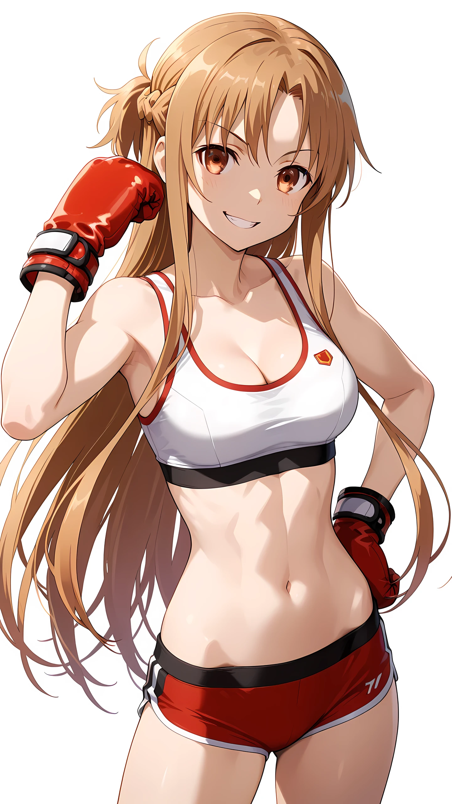 asuna_\(sao\), long_hair, brown_hair, brown_eyes,, cleavage, solo, (white based sports bra, red based boy-leg underwear, boxer gloves), provocative grin, (toned slim body, slim waist), belly button, bare thigh, looking at viewer, extremely detailed eyes and face, hand on hip, focus torso, cowboy shot, (white background),